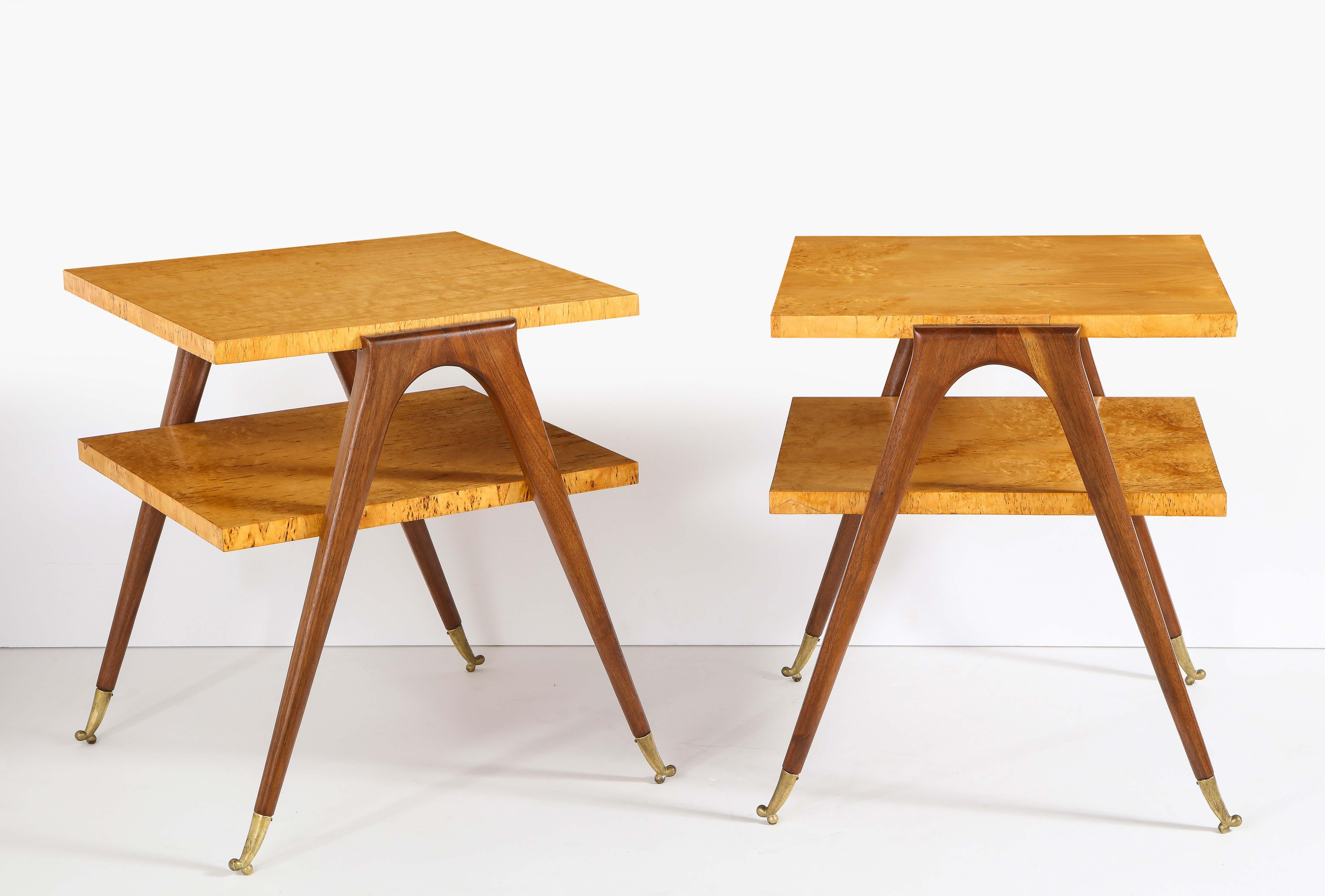 2-tiered tables attributed to Osvaldo Borsani, burl wood, mahogany and brass.