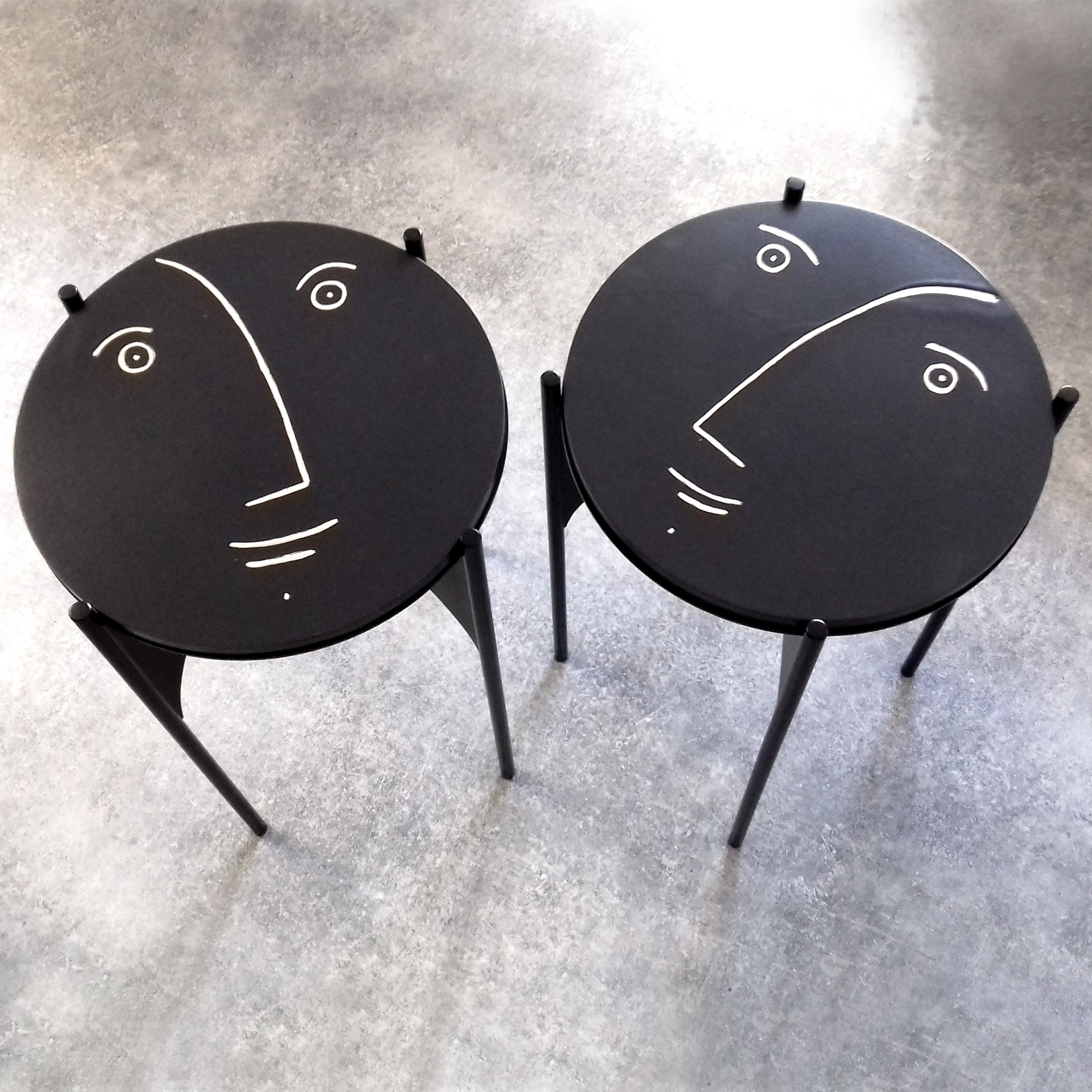 Pair of Side Tables Black Metal Frame and Ceramic Tops by Dalo In Excellent Condition For Sale In Paris, FR