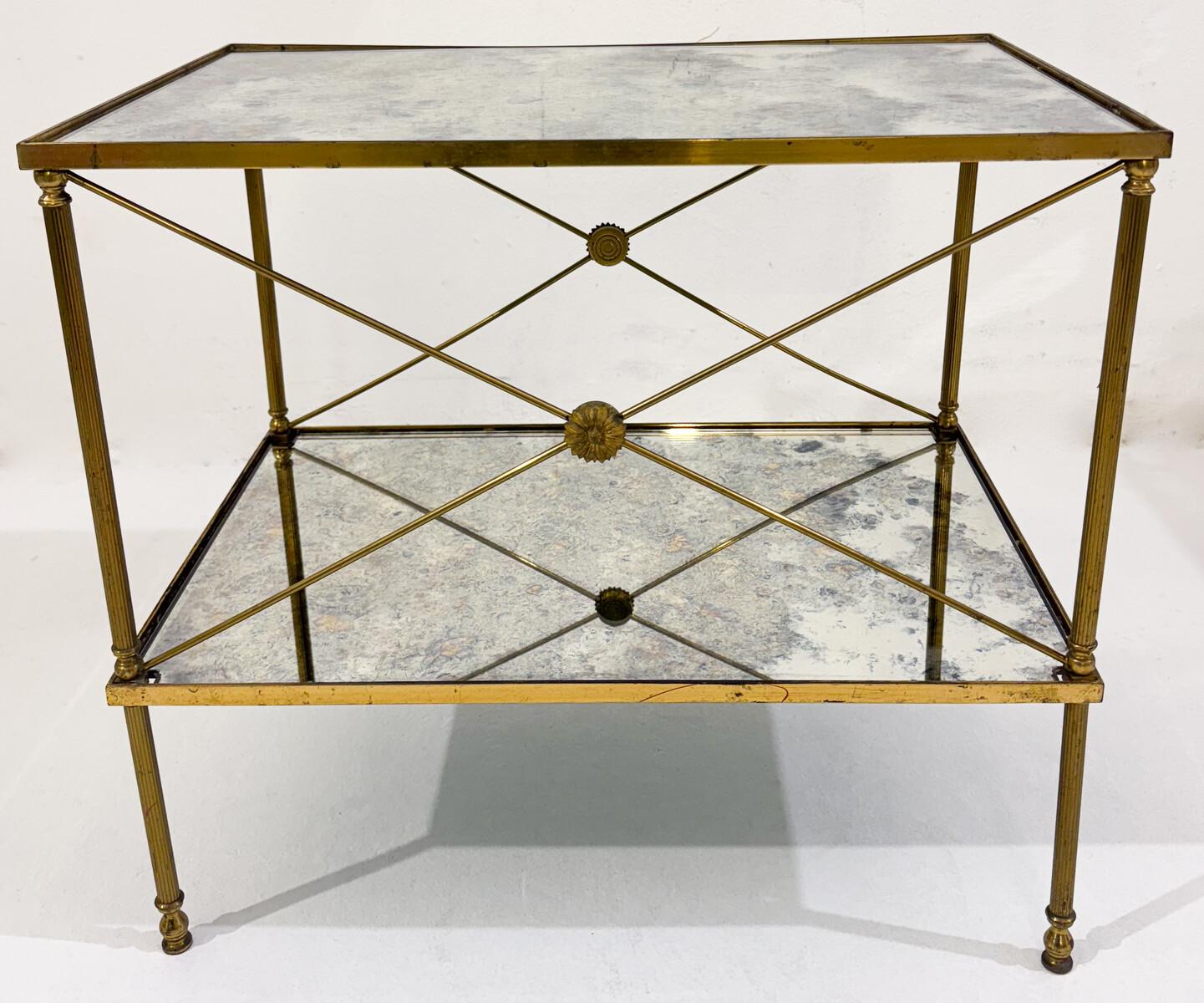 Mid-Century Modern pair of side tables, brass structure and oxidized mirror tops, Maison Jansen