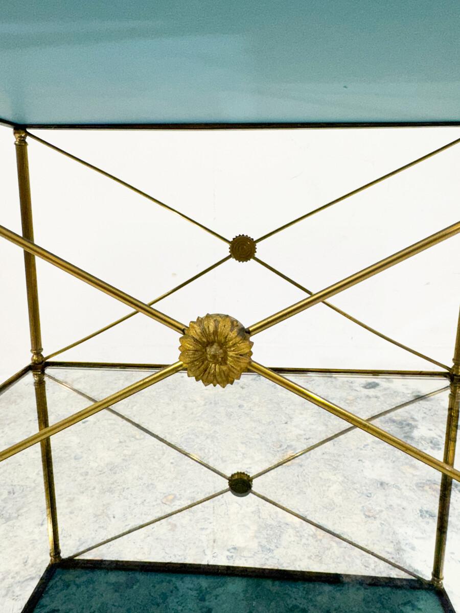 French pair of side tables, brass structure and oxidized mirror tops, Maison Jansen