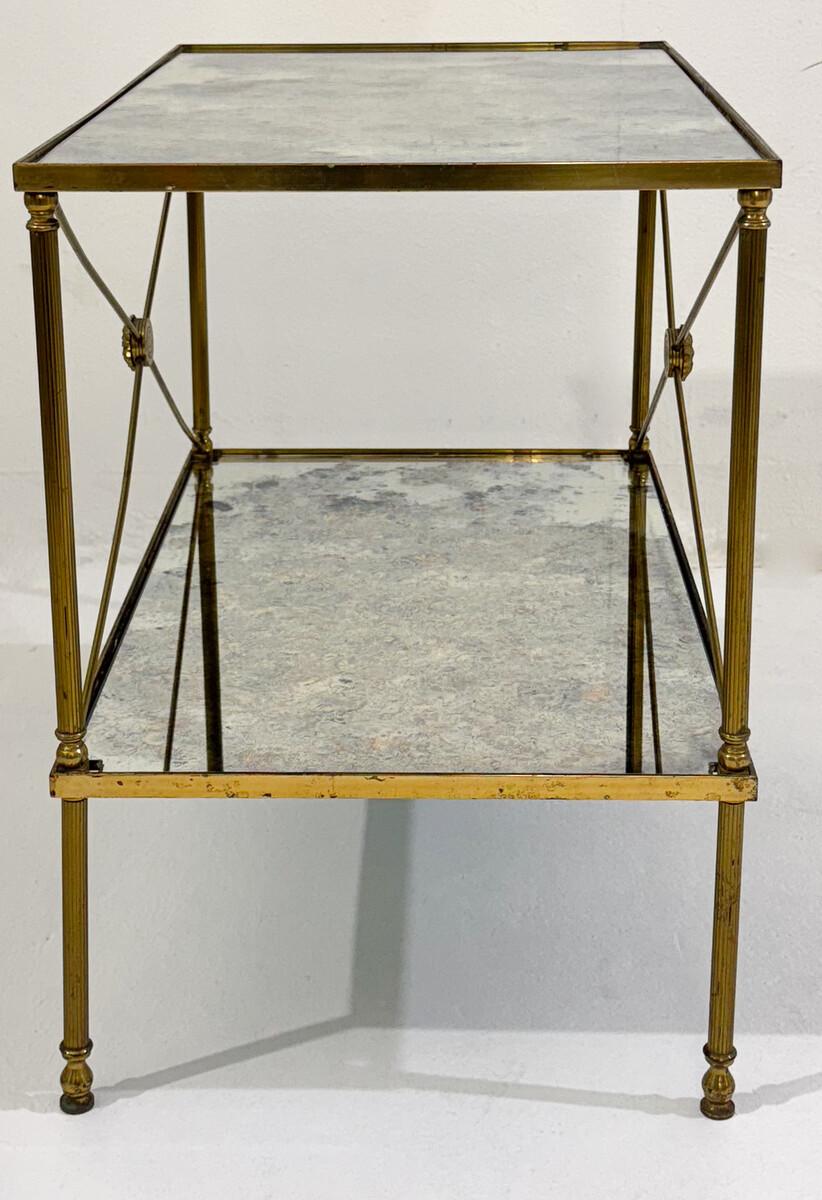 pair of side tables, brass structure and oxidized mirror tops, Maison Jansen In Good Condition In Brussels, BE