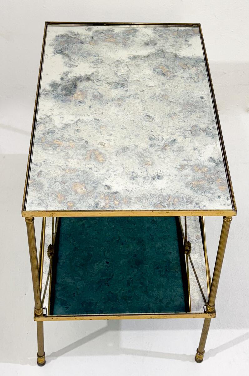 Mid-20th Century pair of side tables, brass structure and oxidized mirror tops, Maison Jansen