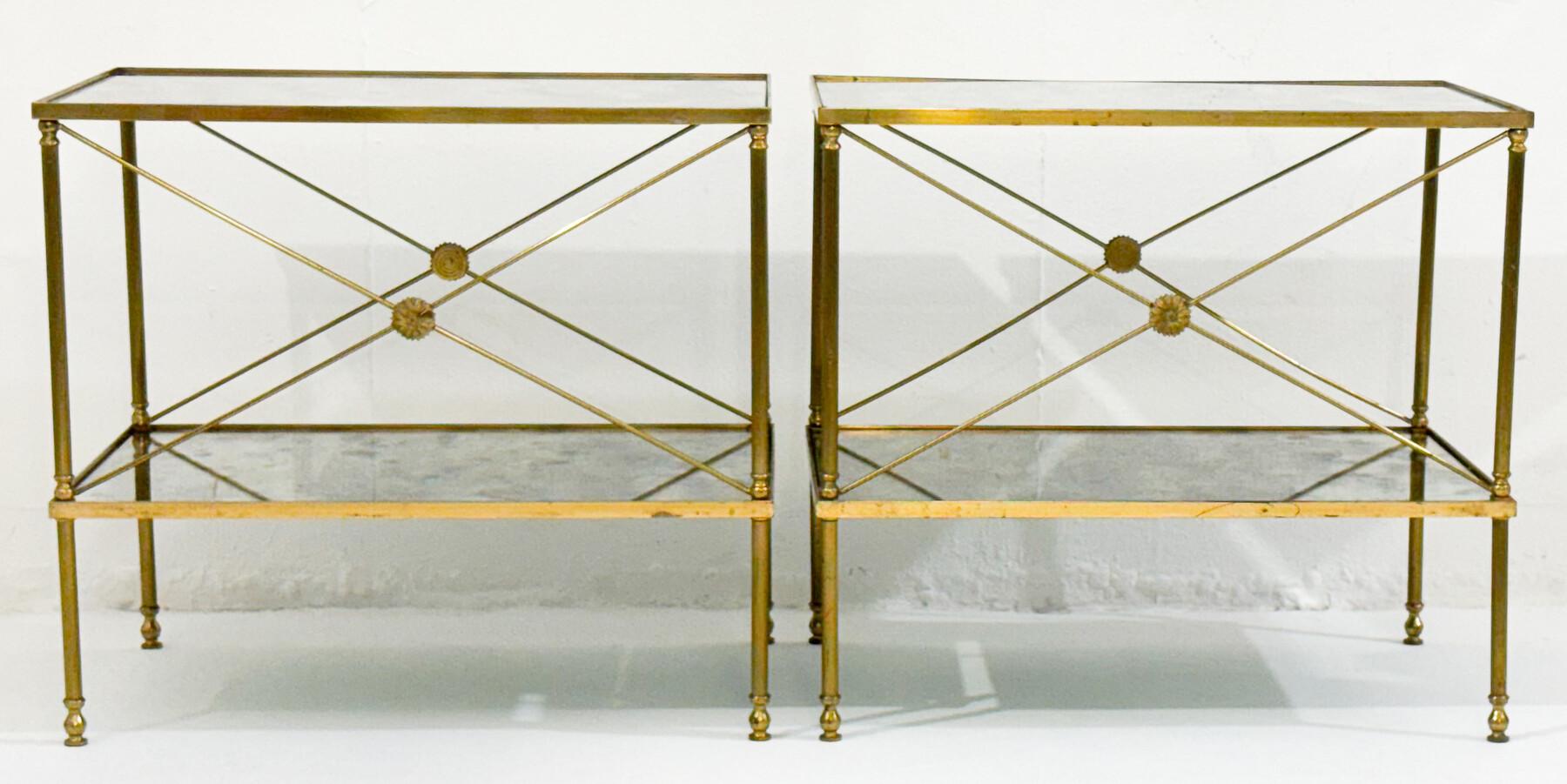 Mirror pair of side tables, brass structure and oxidized mirror tops, Maison Jansen