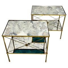 pair of side tables, brass structure and oxidized mirror tops, Maison Jansen
