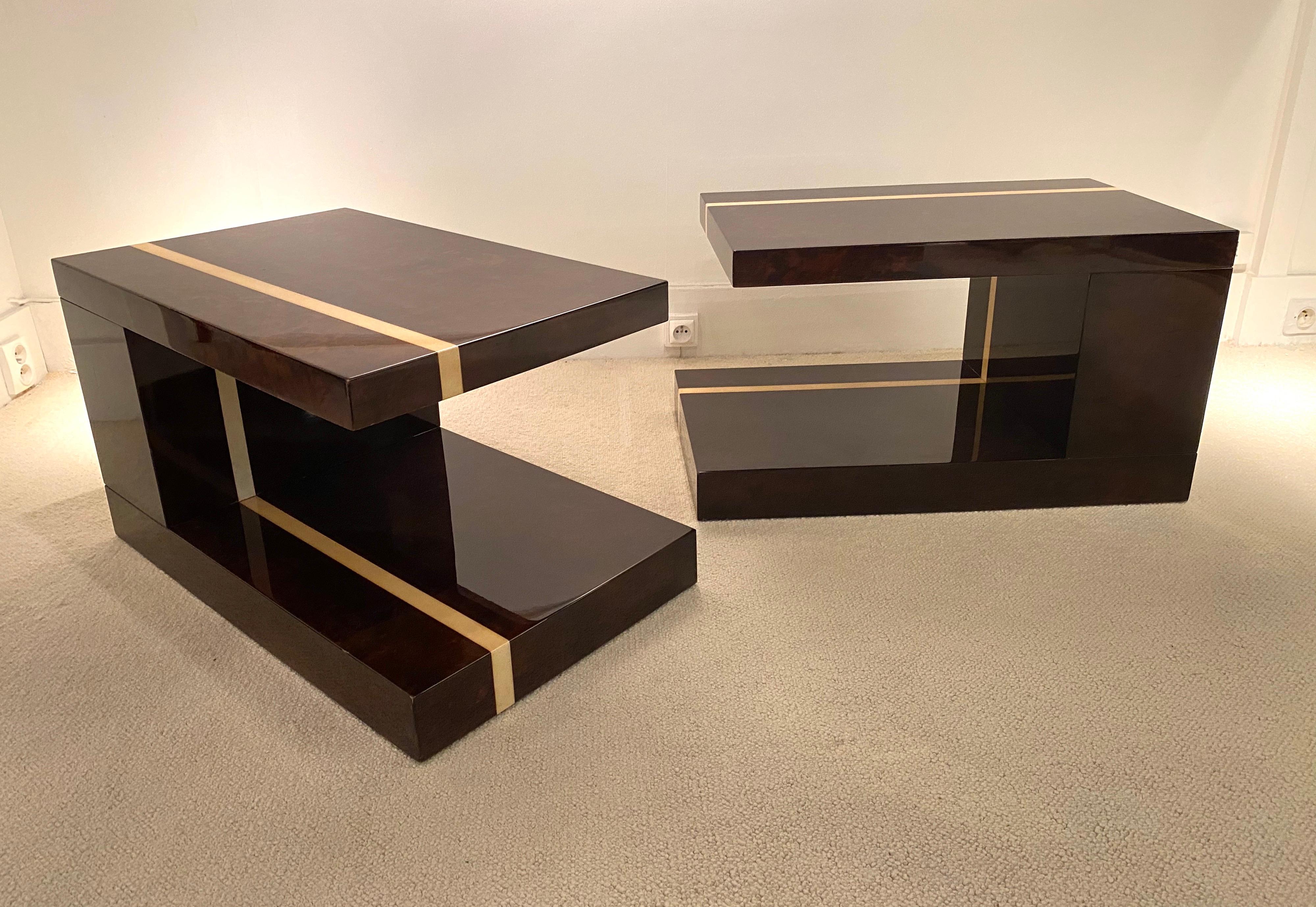 Pair of two-tier side tables in brown and white lacquered goatskin by Aldo Tura
Great vintage condition.