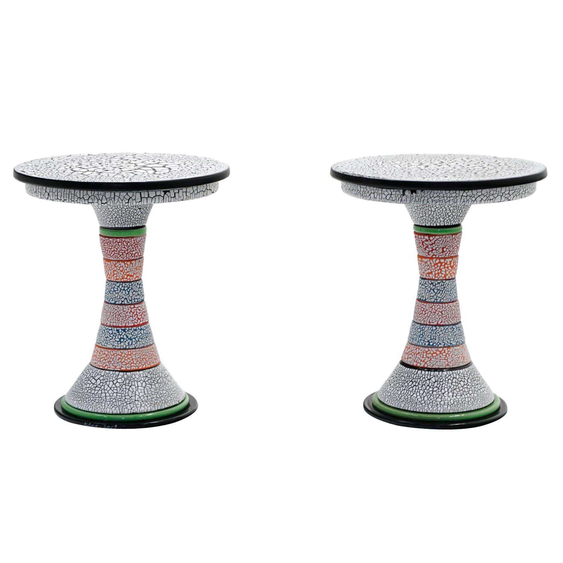 Pair of Side Tables by Amy Kline, One of a Kind, Porcelain Signed and Dated