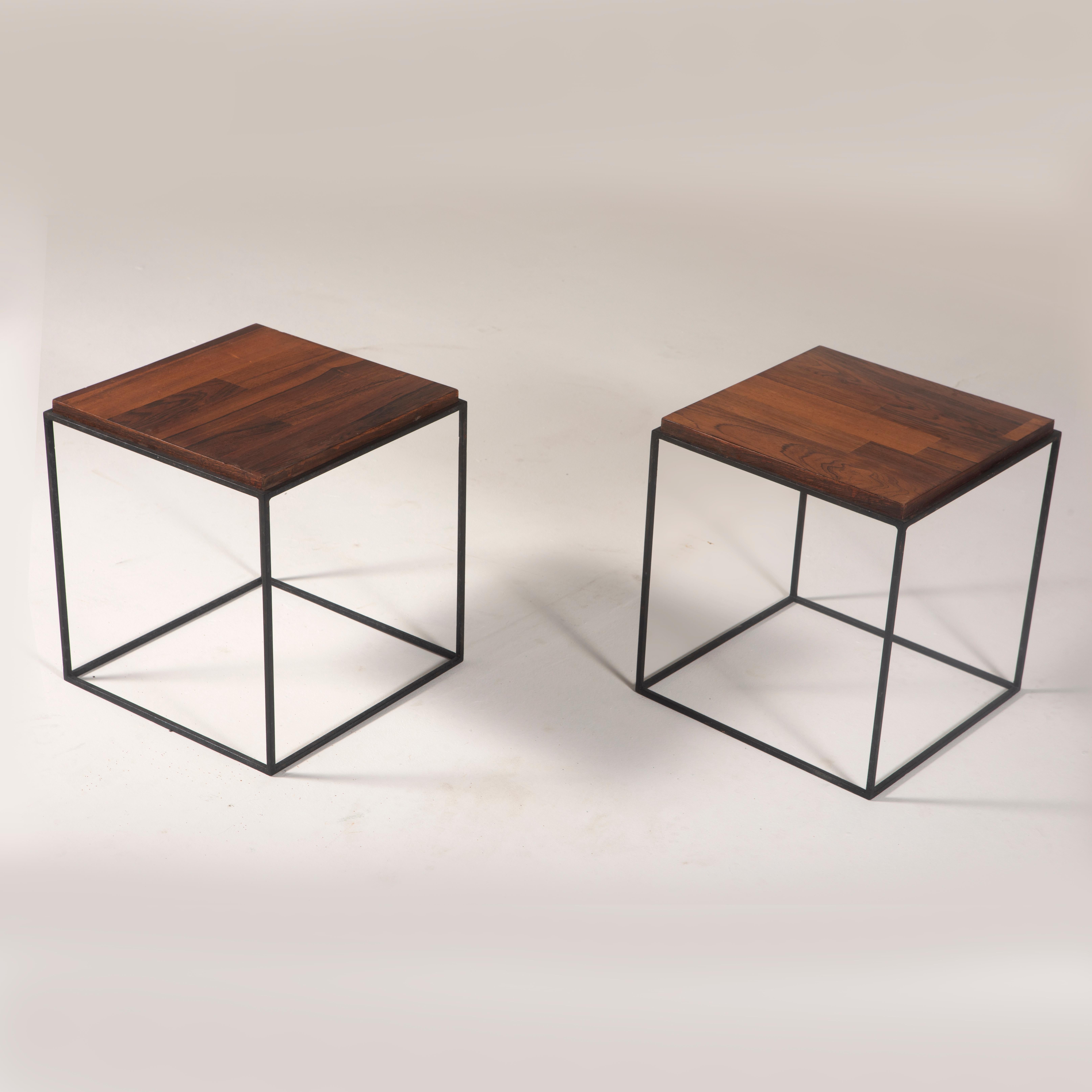 Pair of Side Tables by Brazilian Designer, 1960s

The tables feature sturdy metal structures that provide a stable foundation, topped with veneer wood. 
The wood grain adds a natural touch, enhancing the overall aesthetic of the pieces.

These side