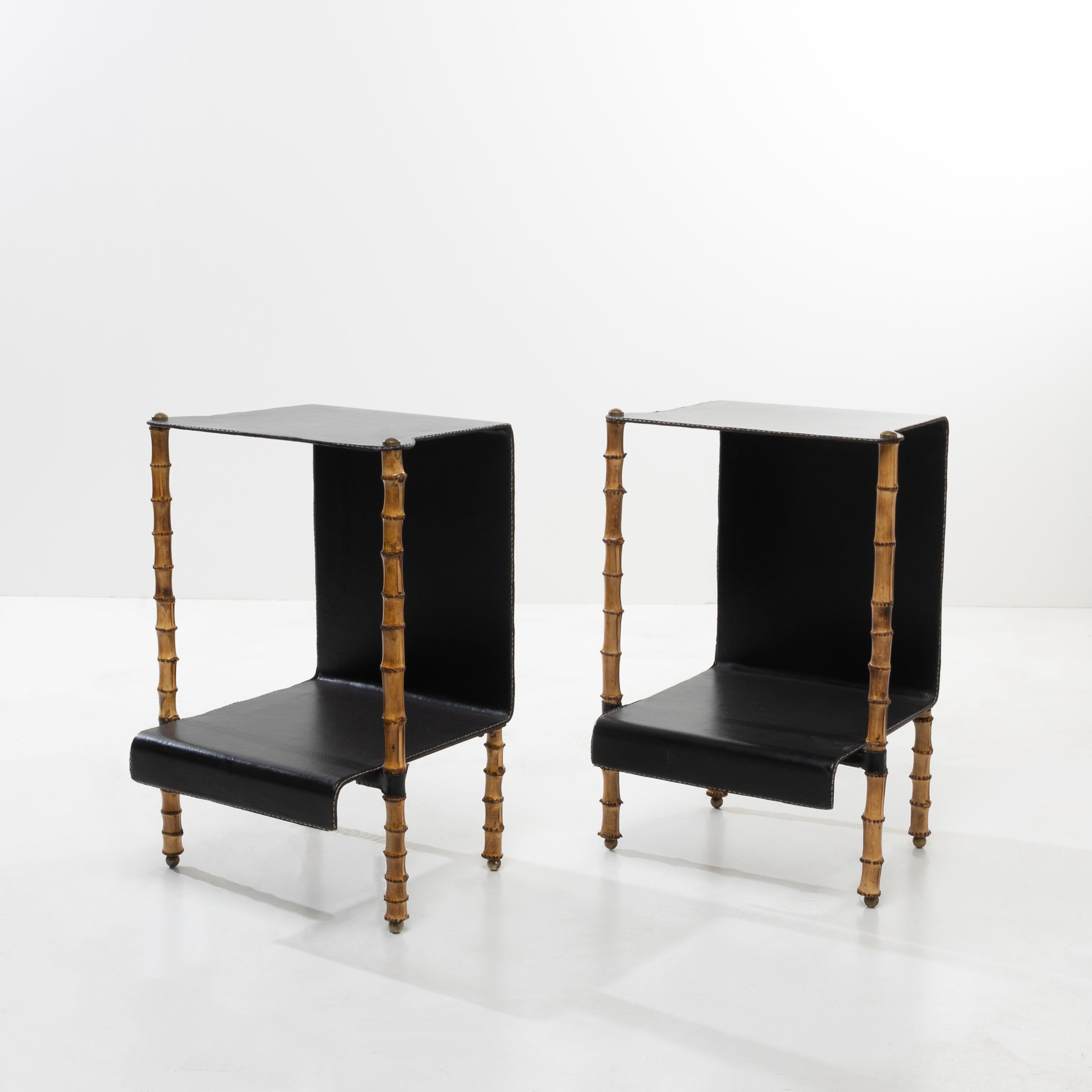 Mid-Century Modern Pair of side tables by Jacques Adnet – Compagnie des Arts Français For Sale