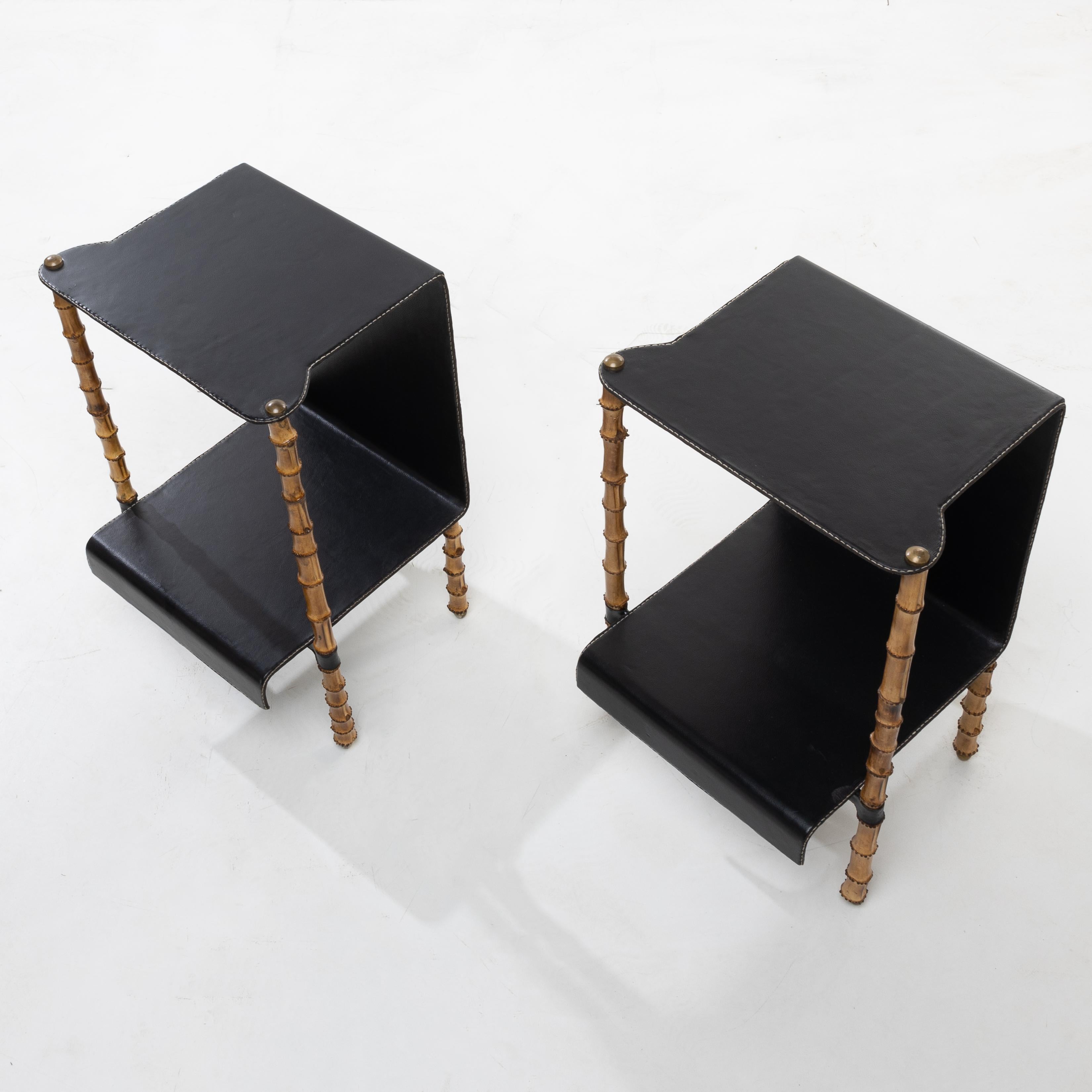 Steel Pair of side tables by Jacques Adnet – Compagnie des Arts Français For Sale