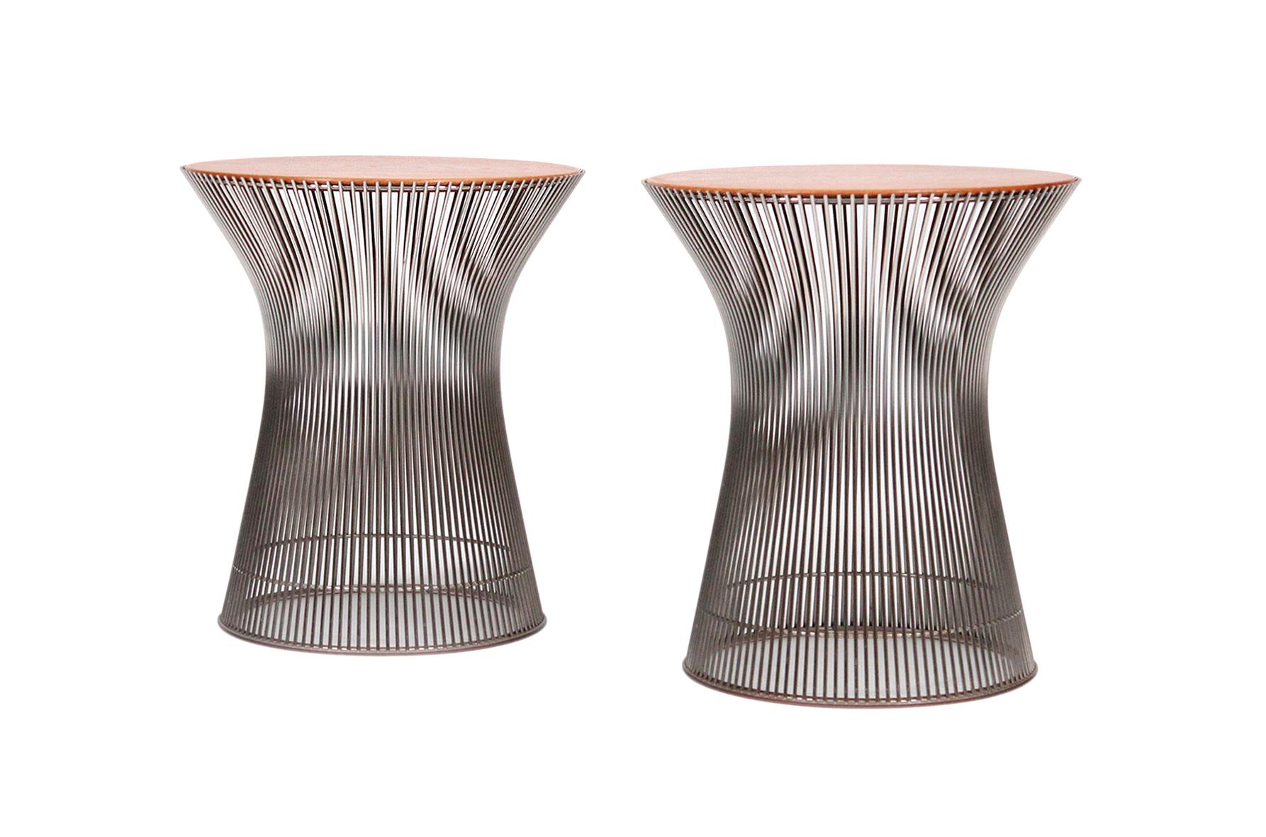 Pair of side tables by Warren Platner from his now iconic collection for Knoll. These examples in chrome wire with oak tops.
   