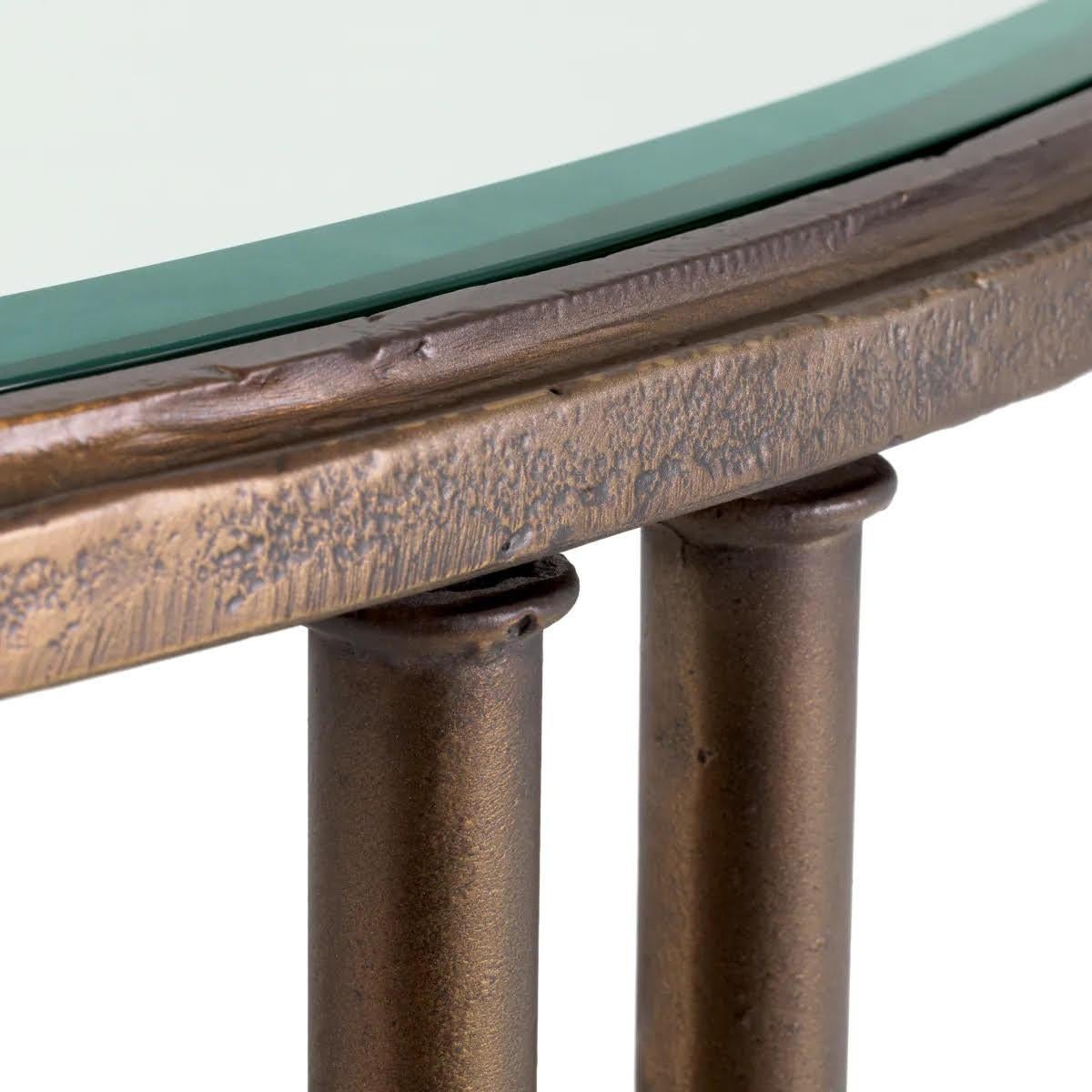 European Pair of Side Tables, End of Sofa, Bronze and Bevelled Glass. For Sale