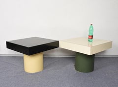 Pair of Side Tables in Black and White Formica, Round Base, 1970s Italy Laminate