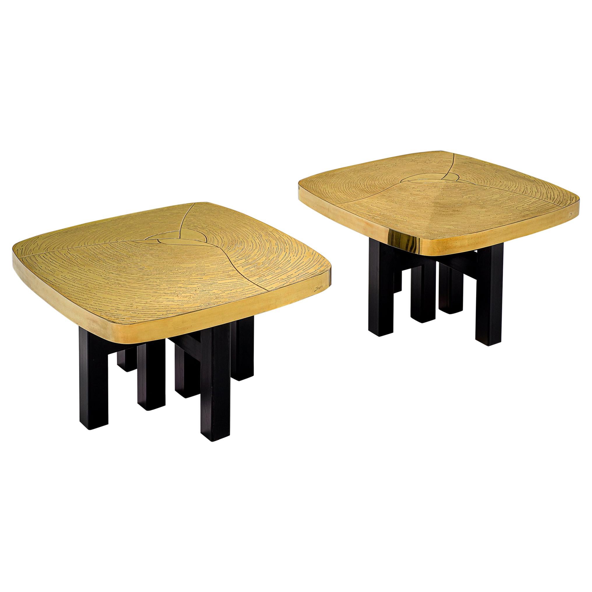 Rare Pair of Jean Claude Dresse Side Tables in Etched Brass.