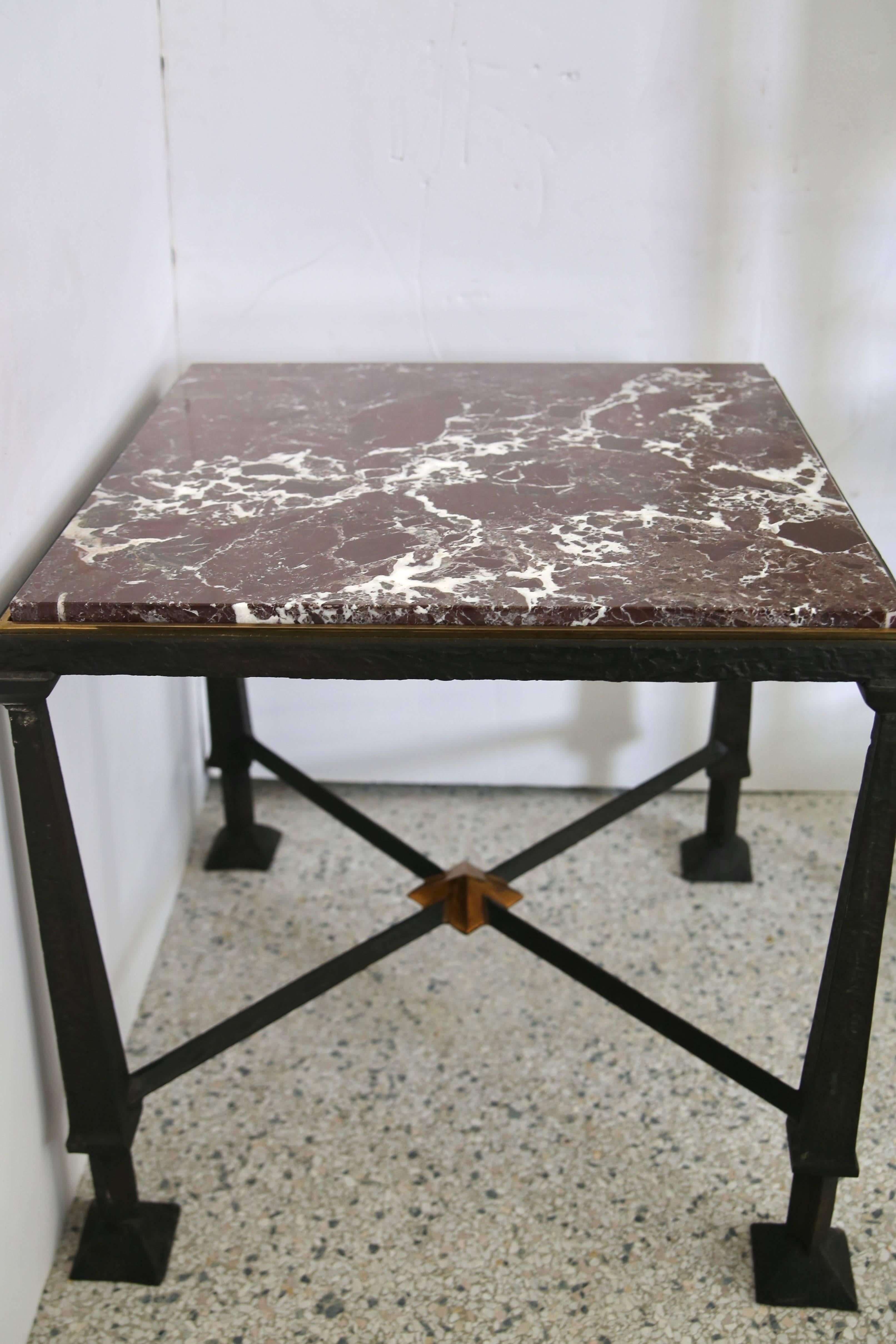 American Craftsman Pair of Side Tables in Bronze, Gilt Bronze and Marble