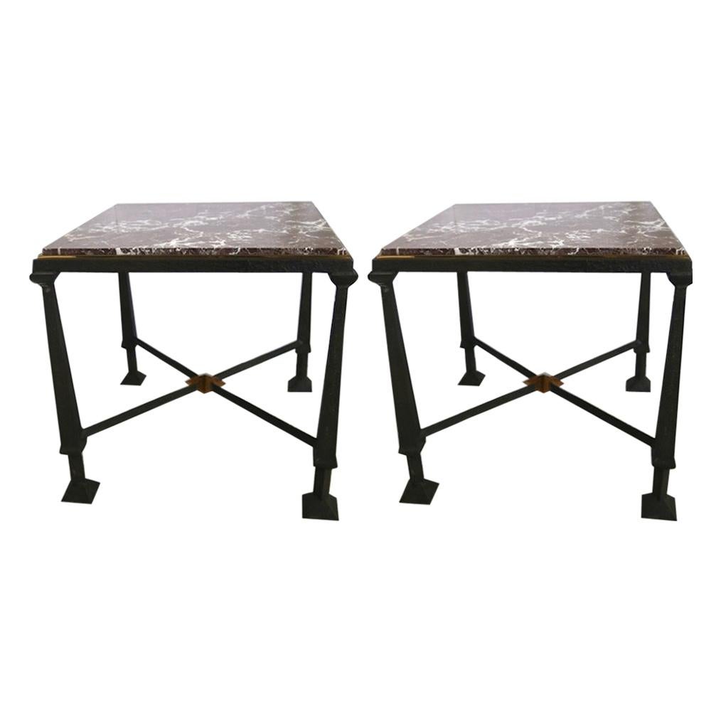 Pair of Side Tables in Bronze, Gilt Bronze and Marble