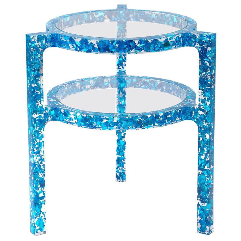 Pair of Side Tables in Electric Blue Colored Silver Leaf & Resin by Jake Phipps For Sale