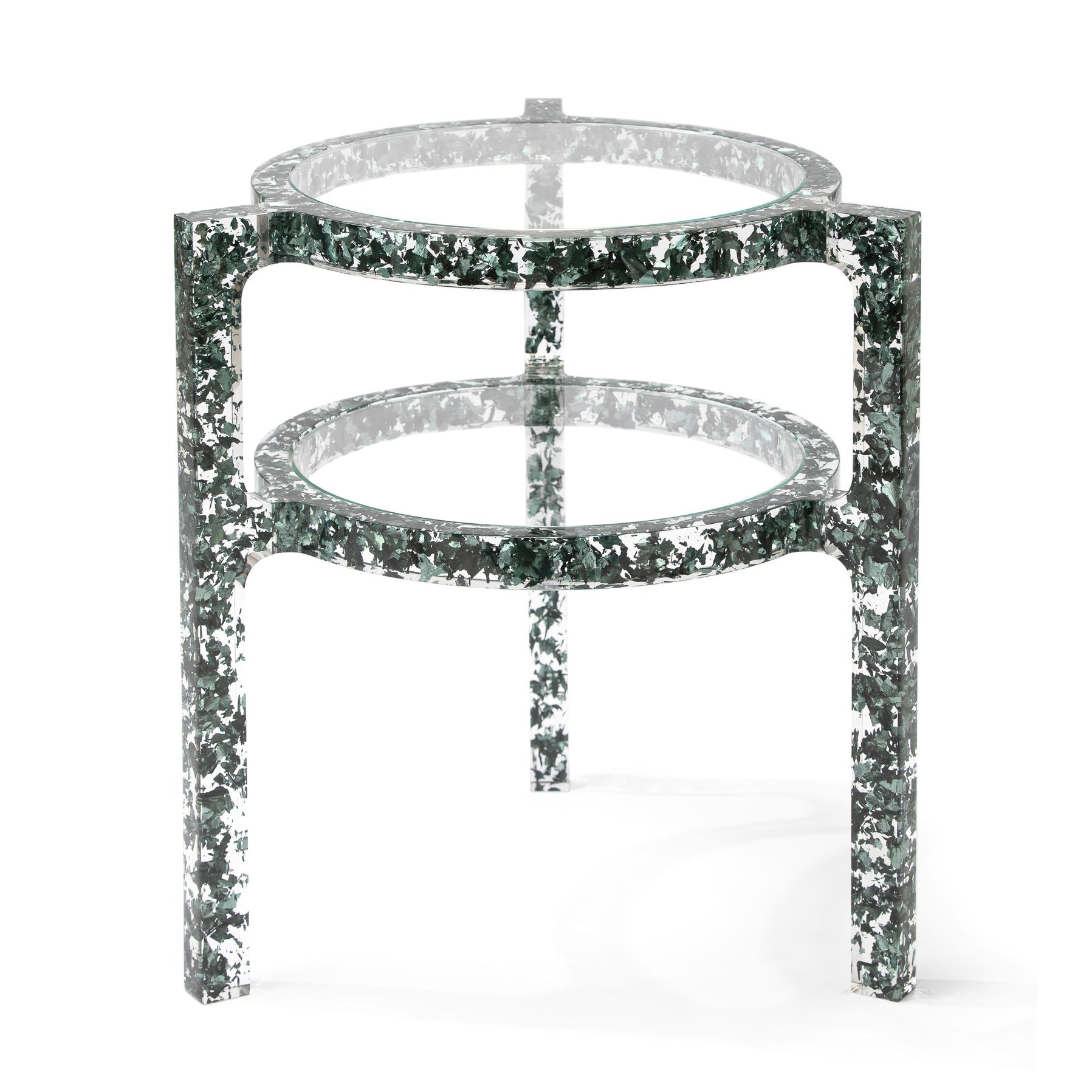 Modern Pair of Side Tables in Forest Green Colored Silver Leaf & Resin by Jake Phipps For Sale