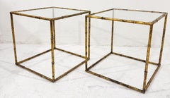 Pair of side tables in glass cube and gold metal imitation bamboo