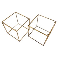 Pair of side tables in glass cube and gold metal imitation bamboo