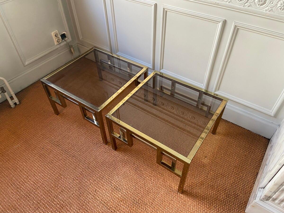 Pair of side tables in gold and chromed metal. Produced by the Belgian Belgian chrom, 1970s.