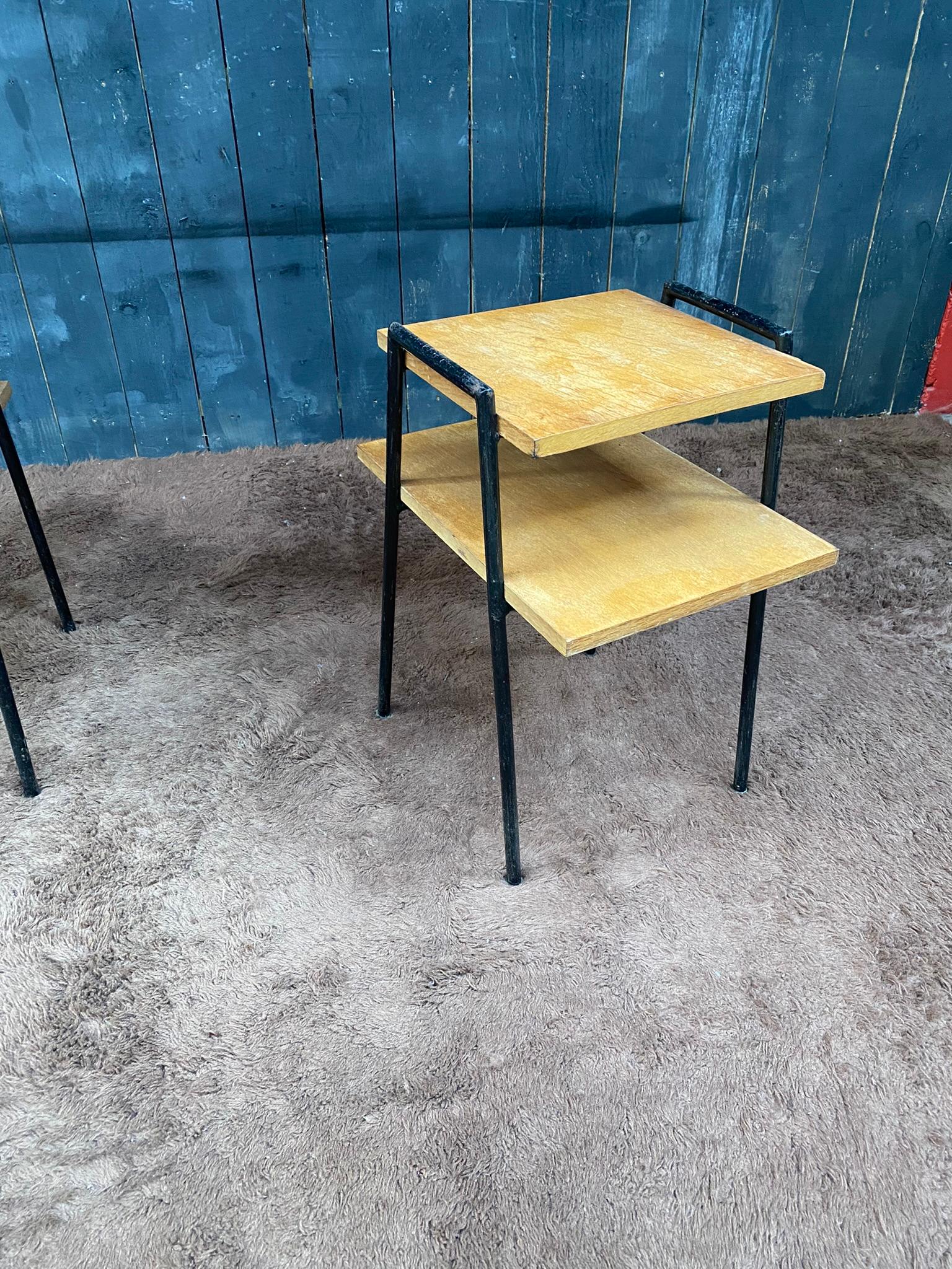 Pair of Side Tables in Lacquered Metal and Oak Veneer, France, circa 1950 For Sale 4