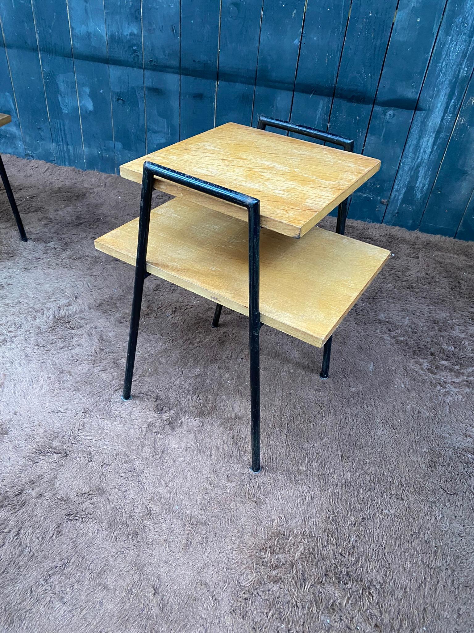 Pair of Side Tables in Lacquered Metal and Oak Veneer, France, circa 1950 For Sale 7