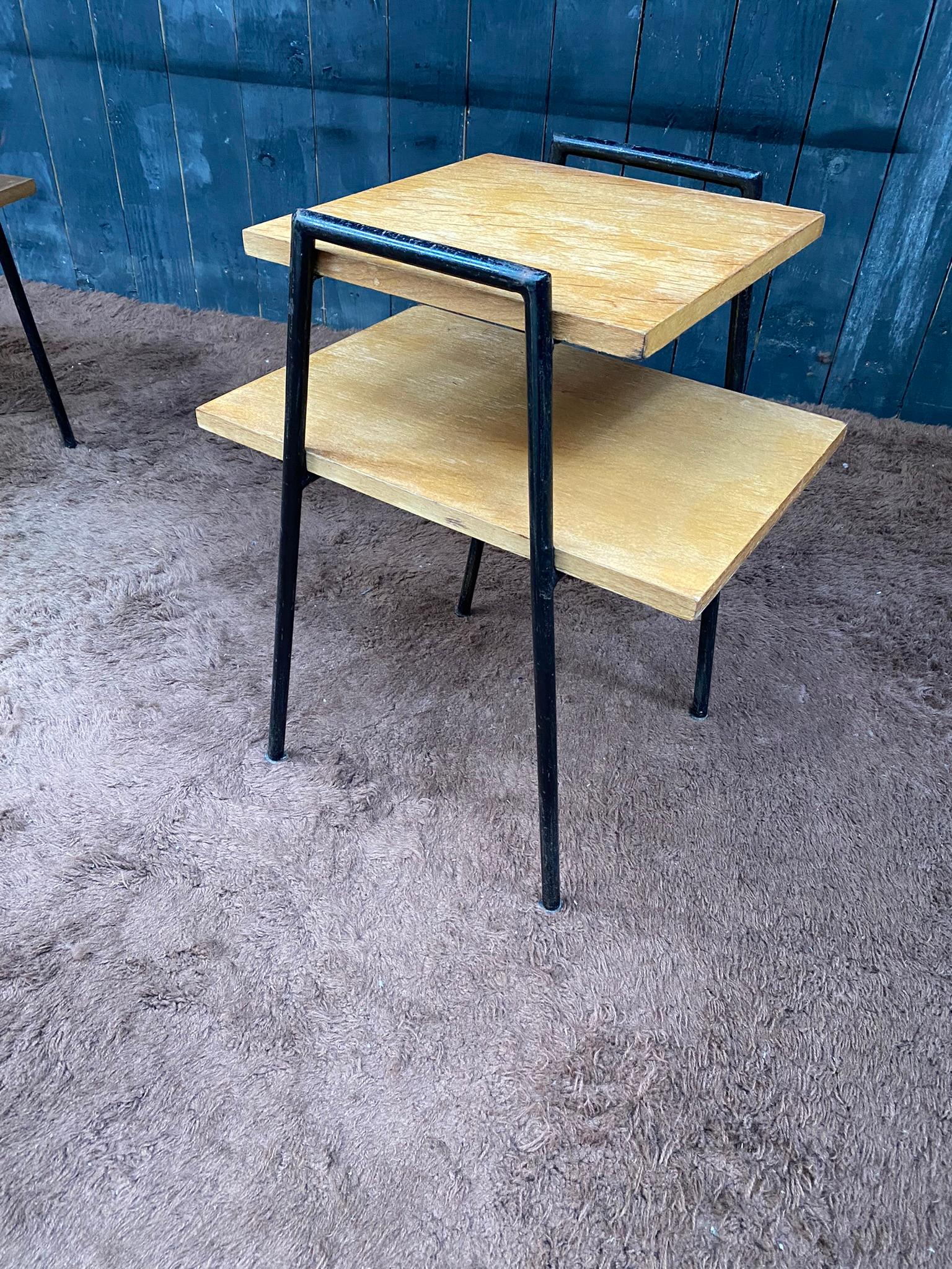 Pair of Side Tables in Lacquered Metal and Oak Veneer, France, circa 1950 For Sale 8