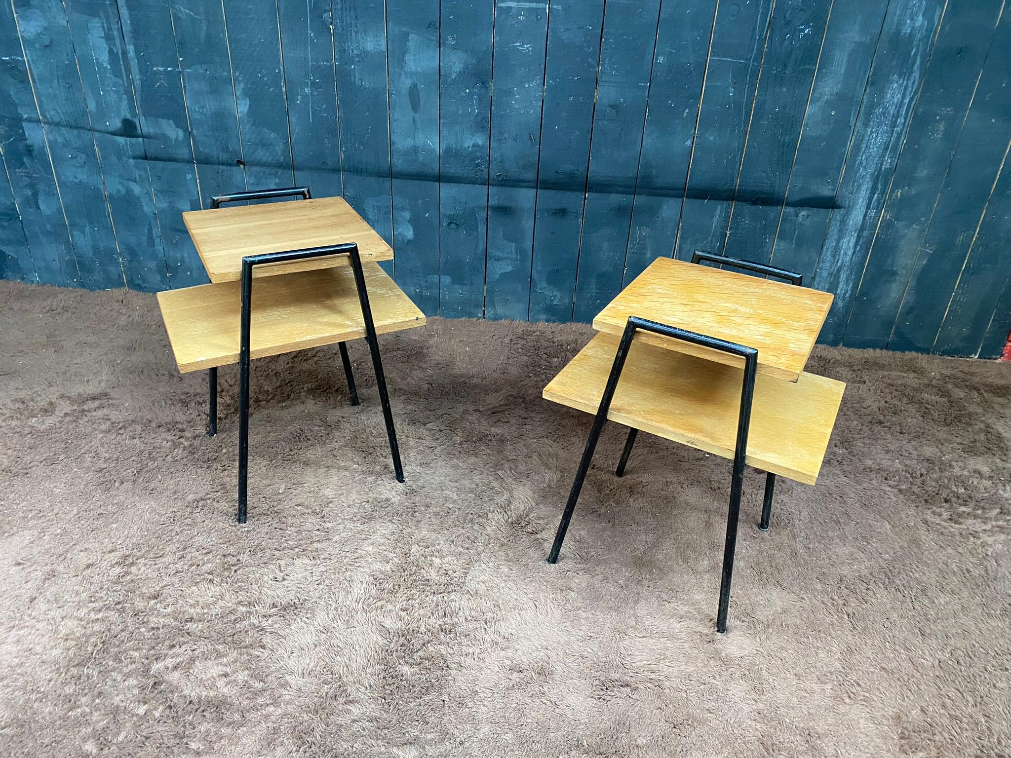 .pair of side tables in lacquered metal and oak veneer, France circa 1950.