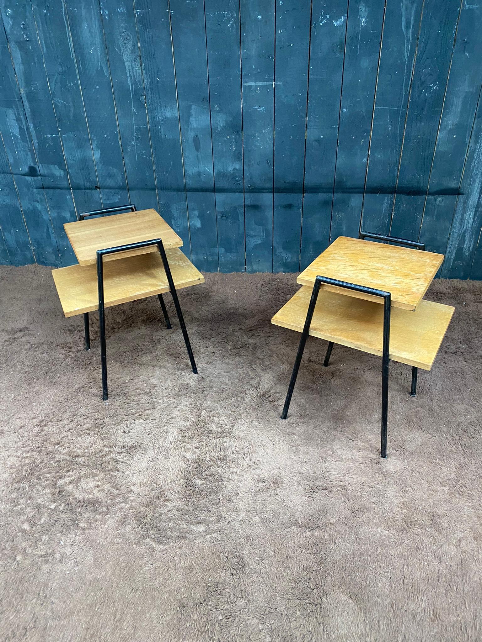French Pair of Side Tables in Lacquered Metal and Oak Veneer, France, circa 1950 For Sale