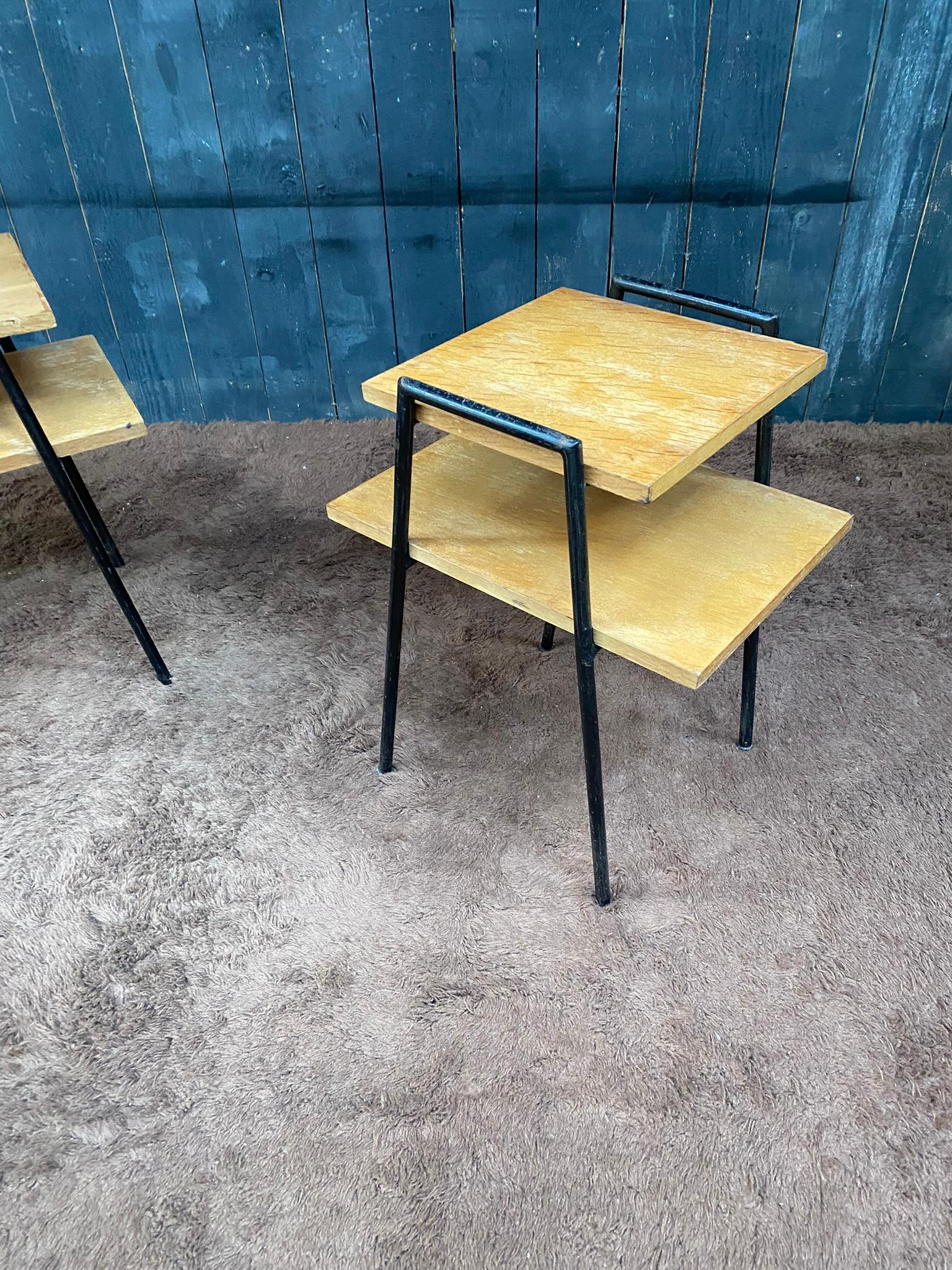 20th Century Pair of Side Tables in Lacquered Metal and Oak Veneer, France, circa 1950 For Sale
