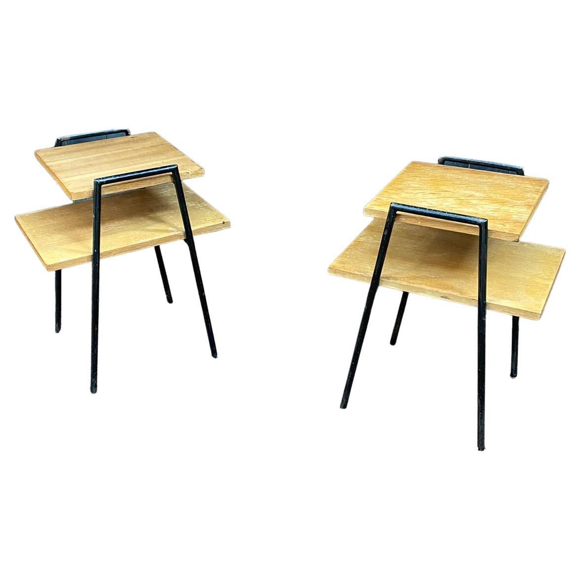 Pair of Side Tables in Lacquered Metal and Oak Veneer, France, circa 1950 For Sale