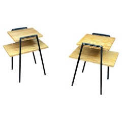 Pair of Side Tables in Lacquered Metal and Oak Veneer, France, circa 1950
