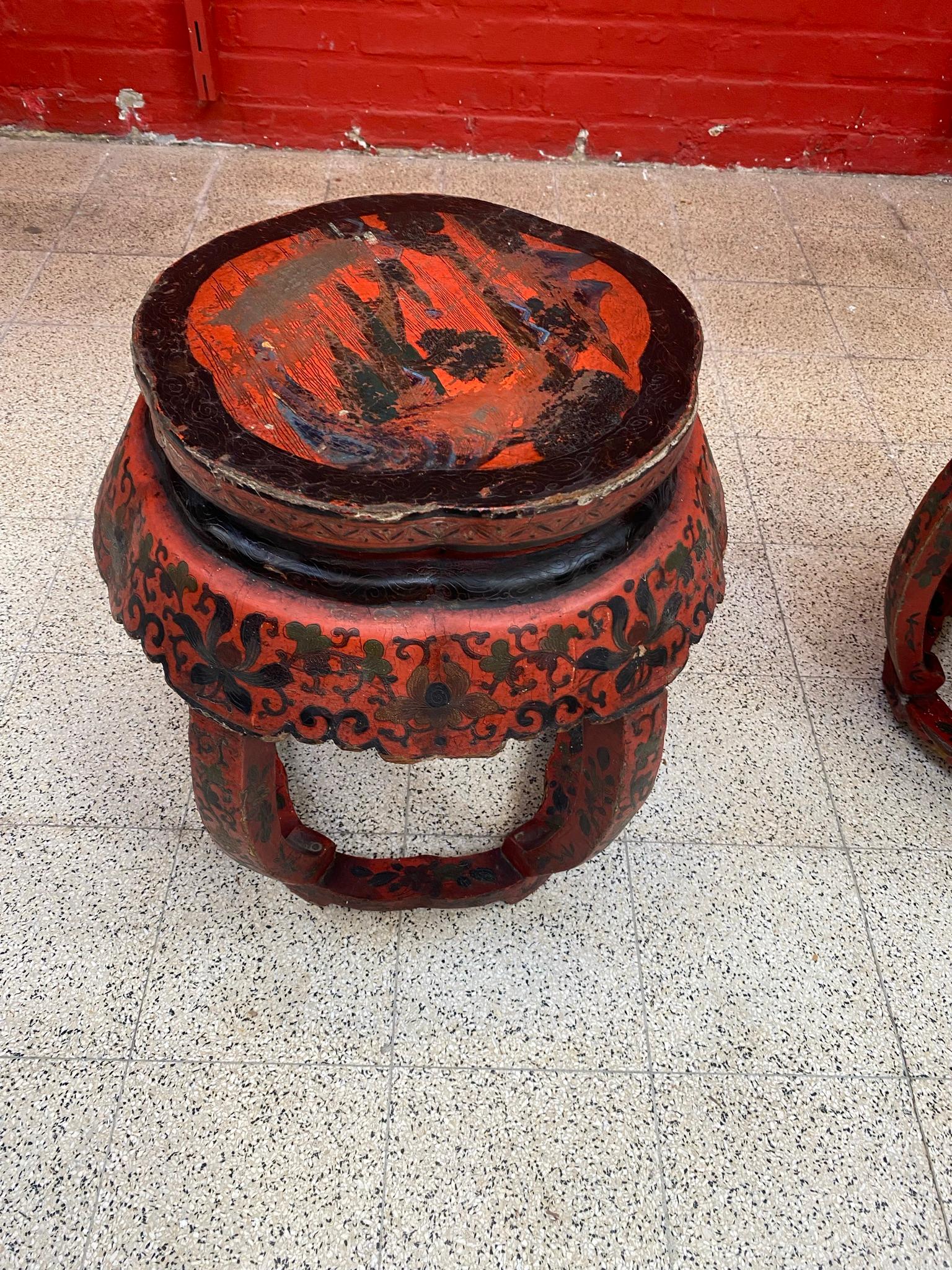 Chinoiserie Pair of Side Tables in Lacquered Wood circa 1900 a Lot of Charm, with Many Lacks For Sale
