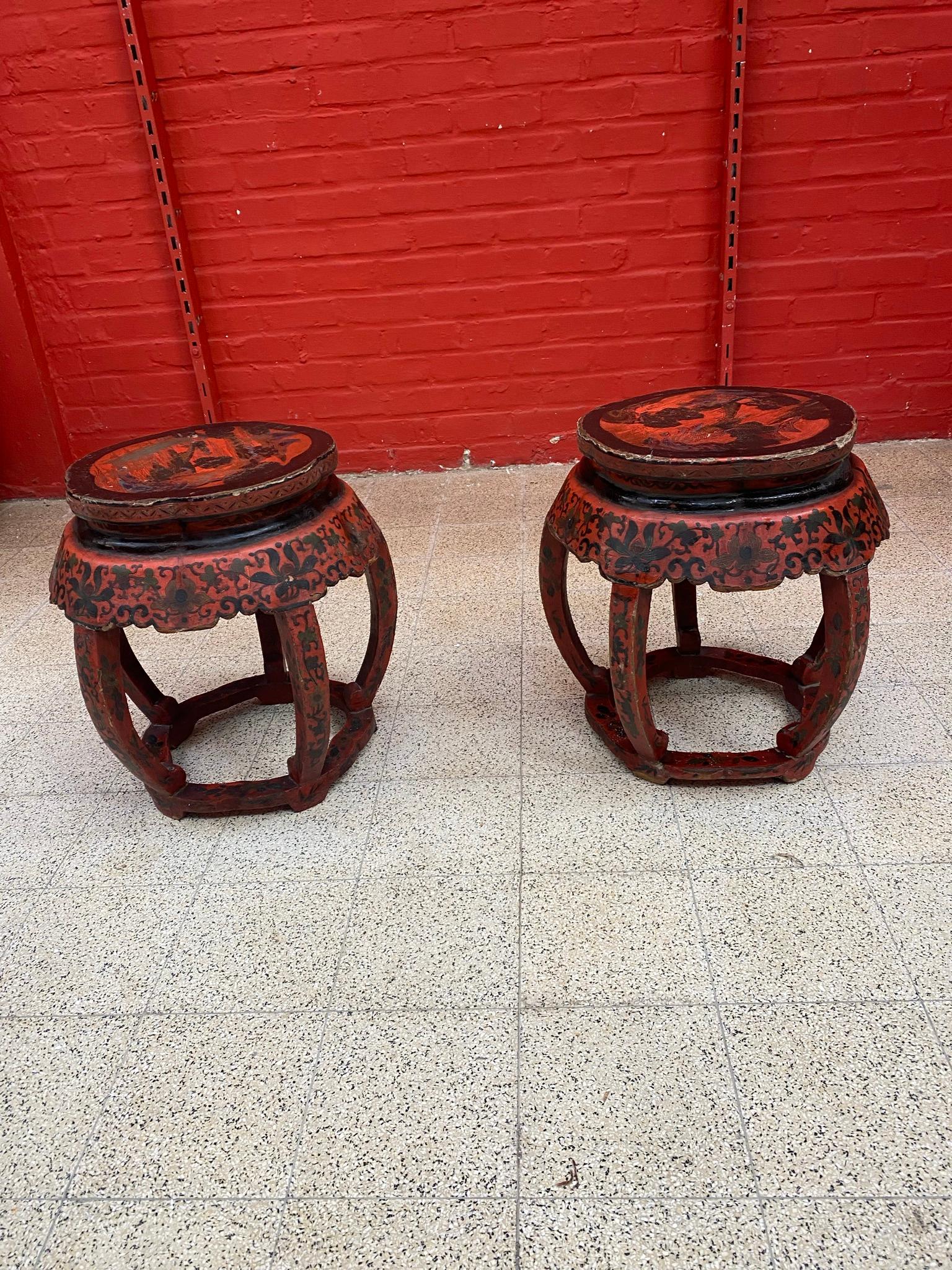 Asian Pair of Side Tables in Lacquered Wood circa 1900 a Lot of Charm, with Many Lacks For Sale