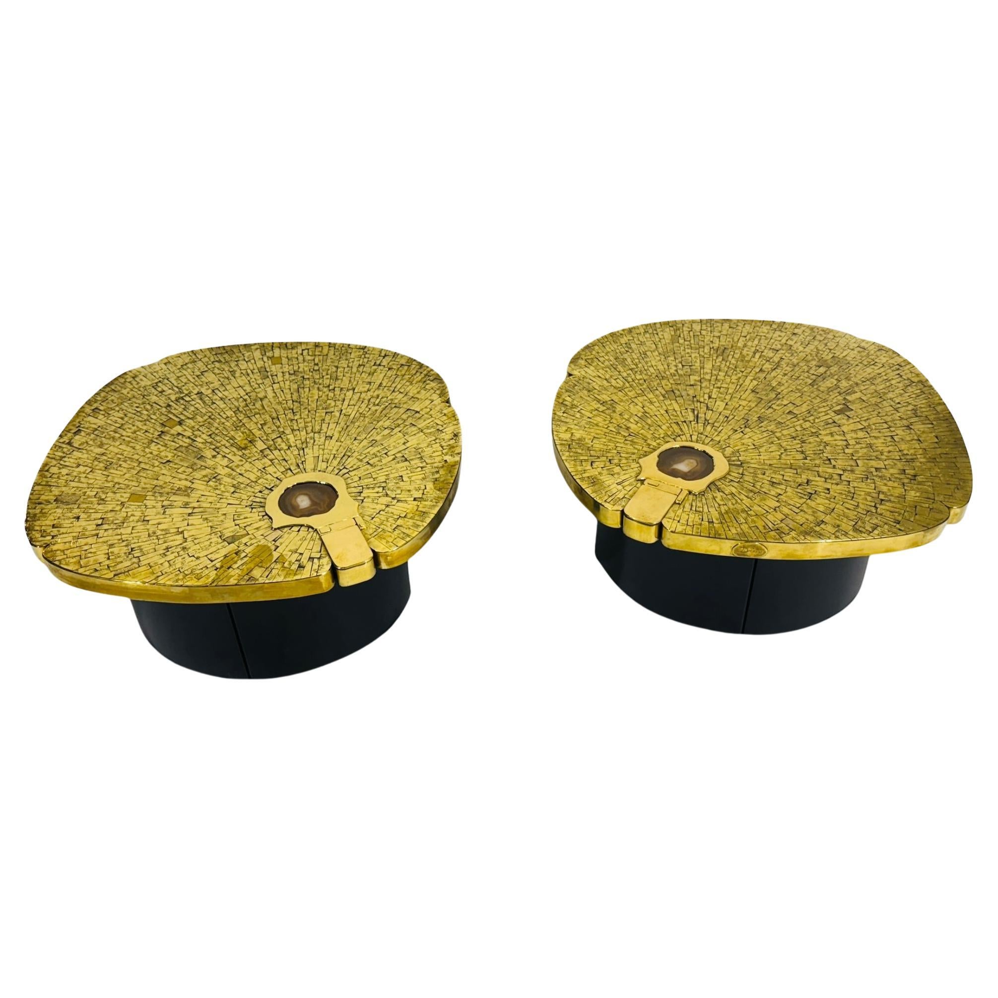 Pair of side tables in mosaic brass by Jean Claude Dresse. For Sale 2