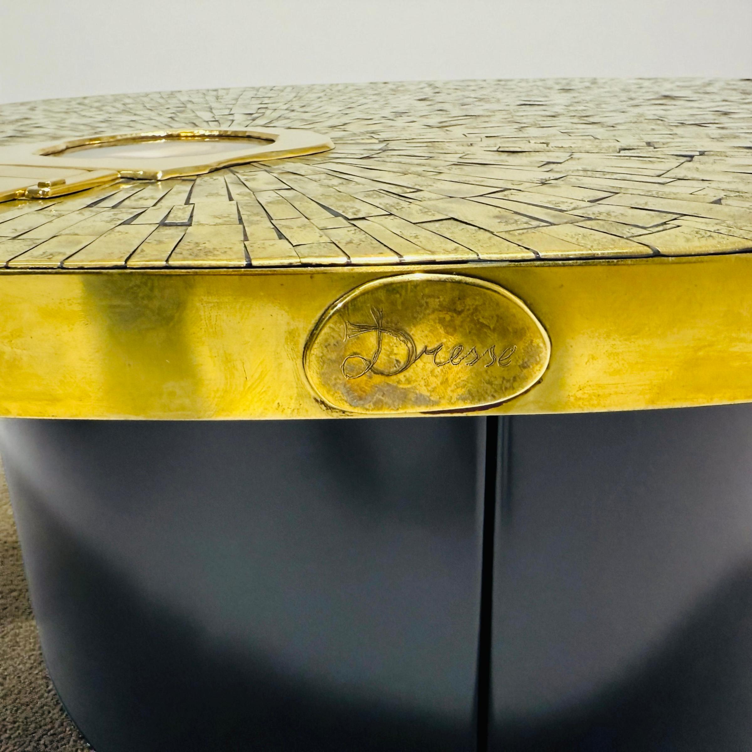 Pair of side tables in mosaic brass by Jean Claude Dresse. For Sale 3