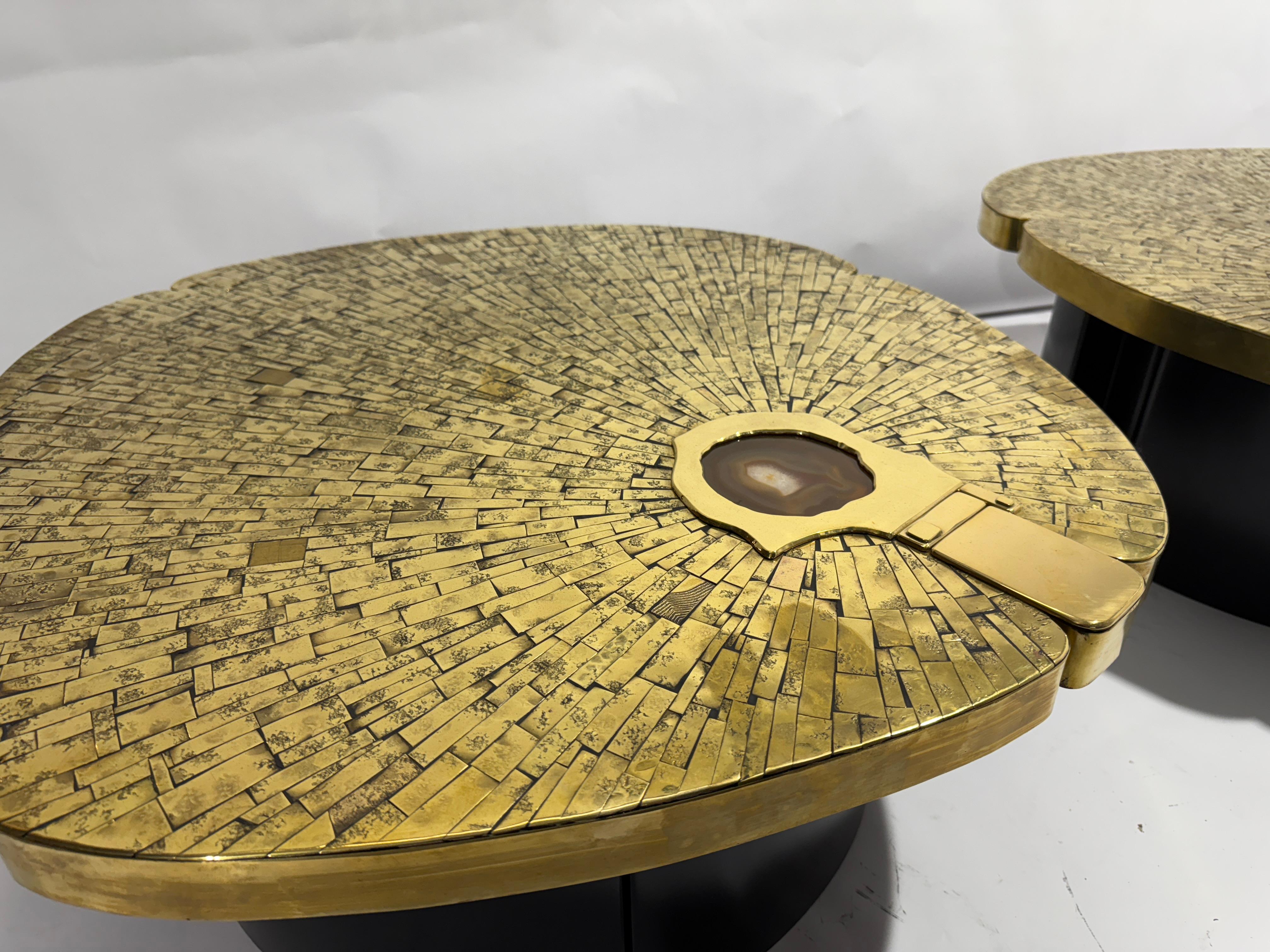 Pair of side tables in mosaic brass by Jean Claude Dresse. For Sale 4