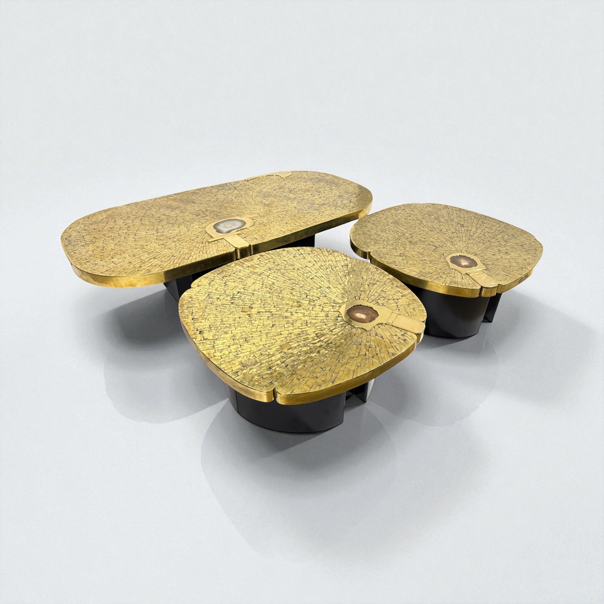 Pair of side tables in mosaic brass by Jean Claude Dresse. For Sale 5