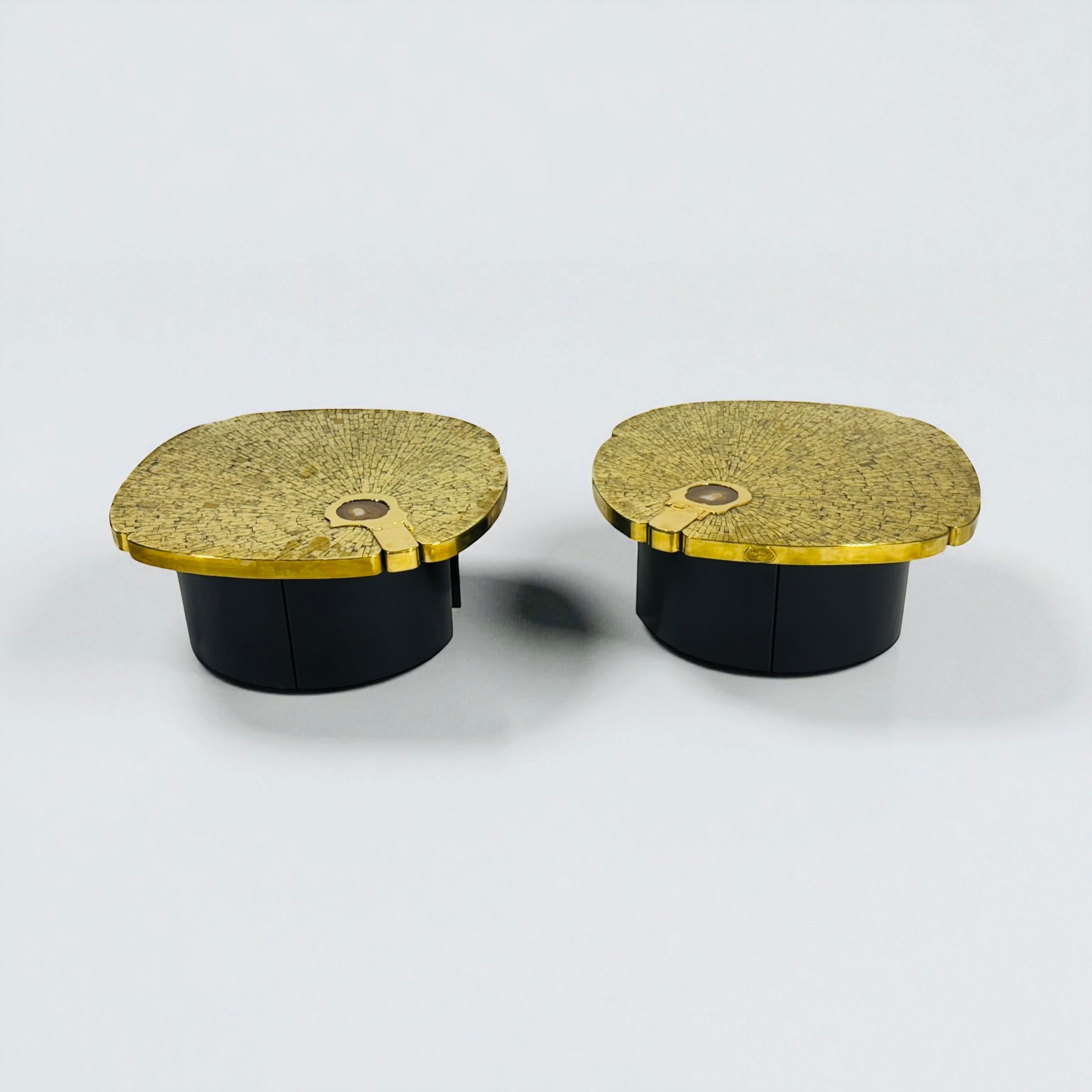 Jean Claude Dresse, Pair of side tables in Mosaic brass and agate, Belgium, 1970. 

This unique pair of side tables by Dresse belonged to a private collection in Namur, Belgium. Made to measure, they are 80 cm in diameter, an exceptionally large