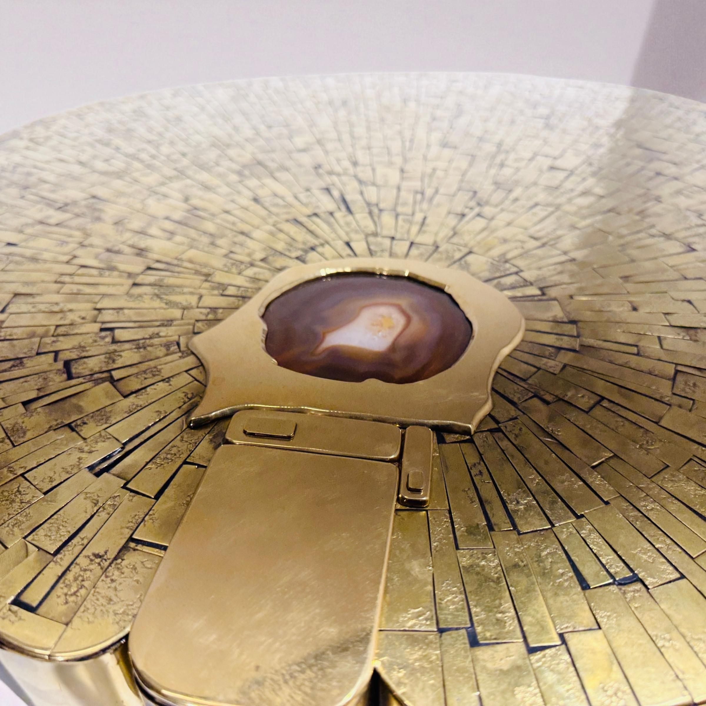 Mosaic Pair of side tables in mosaic brass by Jean Claude Dresse. For Sale