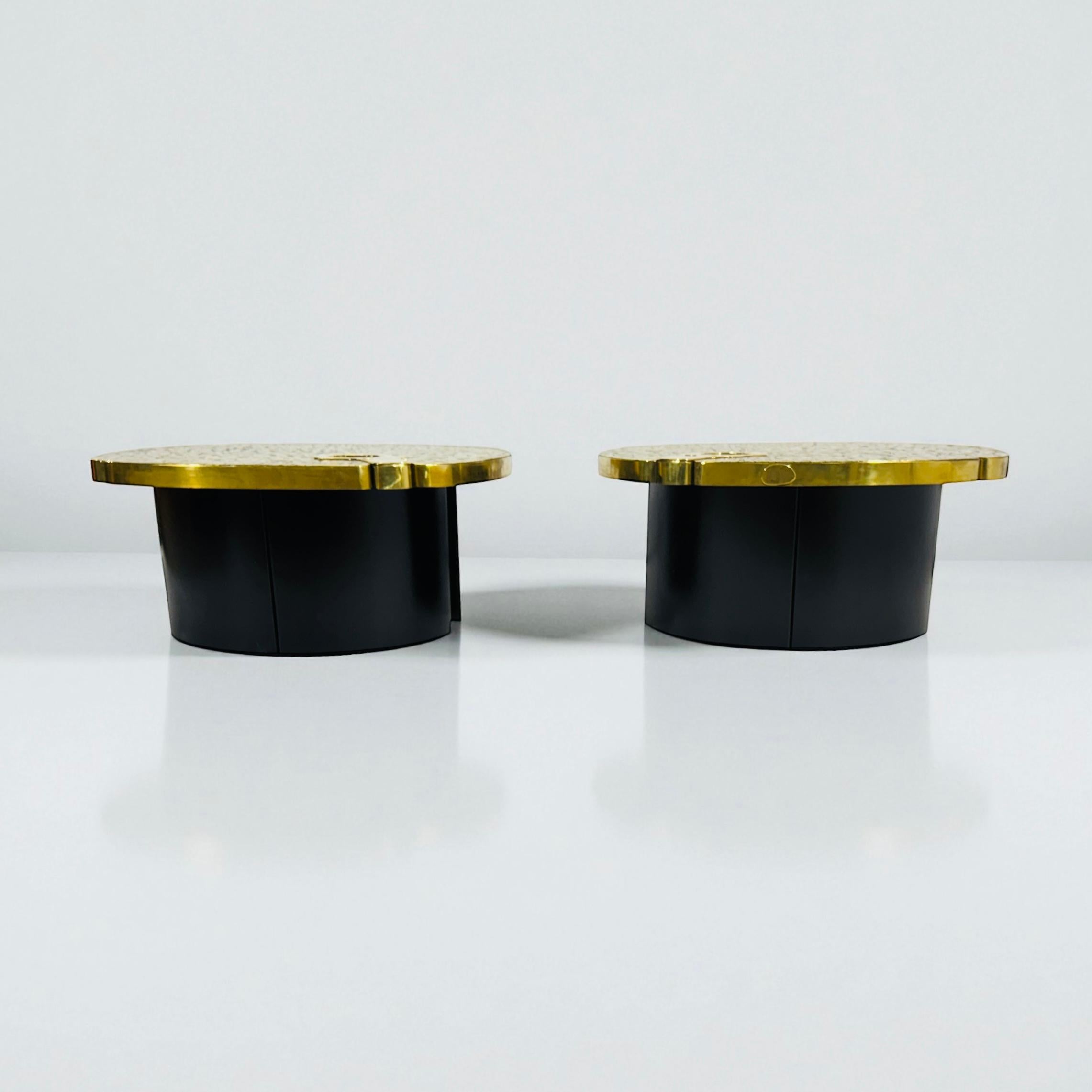 Late 20th Century Pair of side tables in mosaic brass by Jean Claude Dresse. For Sale