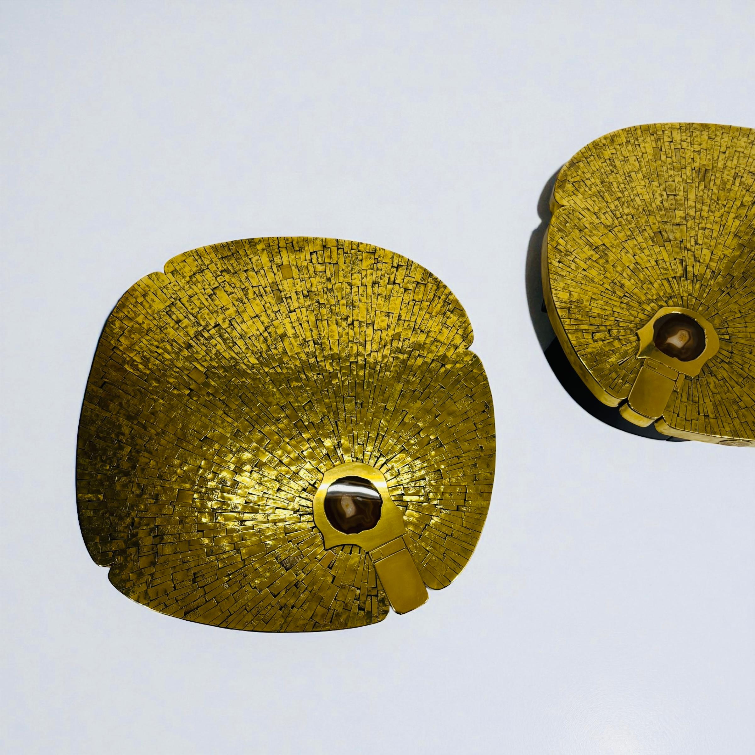 Metal Pair of side tables in mosaic brass by Jean Claude Dresse. For Sale