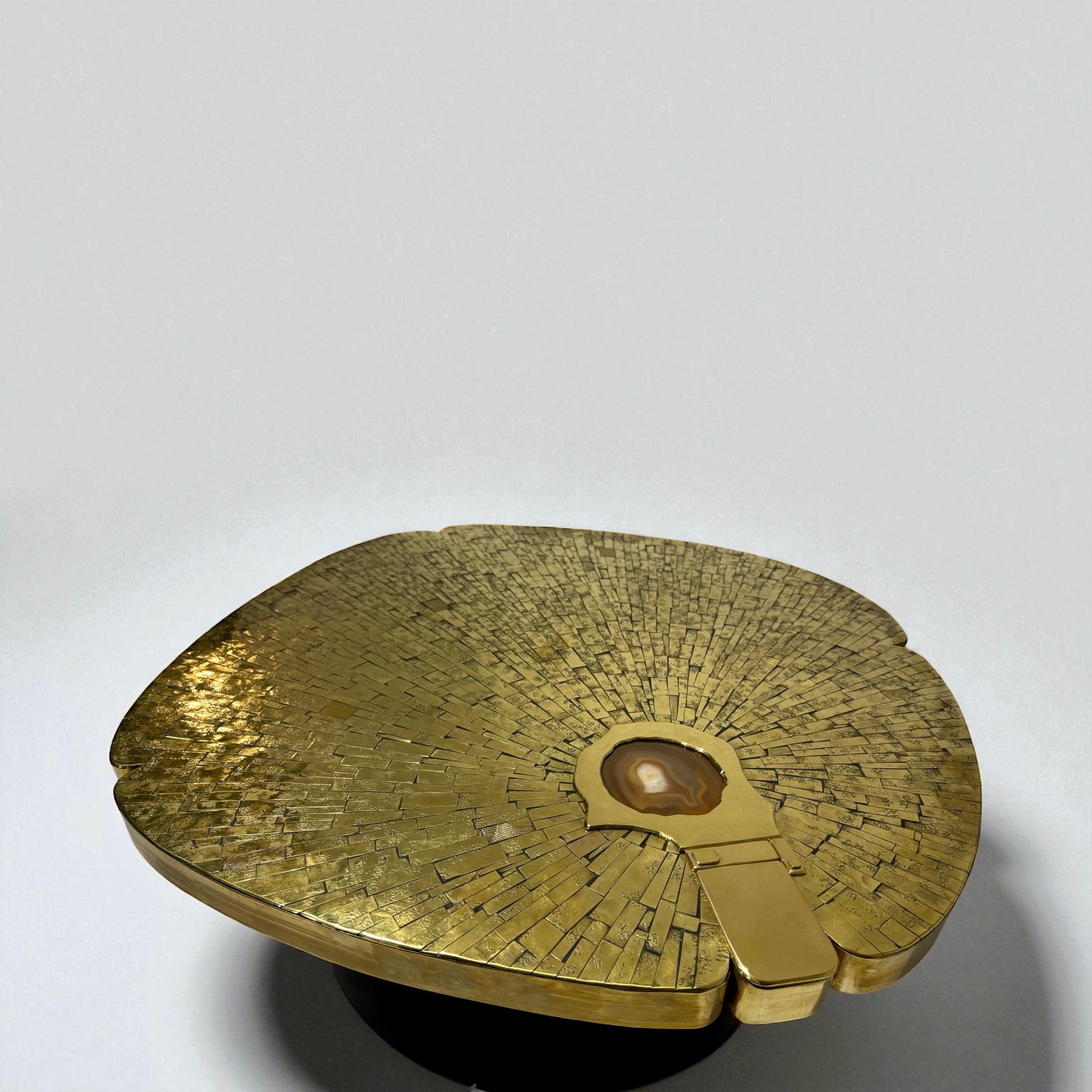 Pair of side tables in mosaic brass by Jean Claude Dresse. For Sale 1