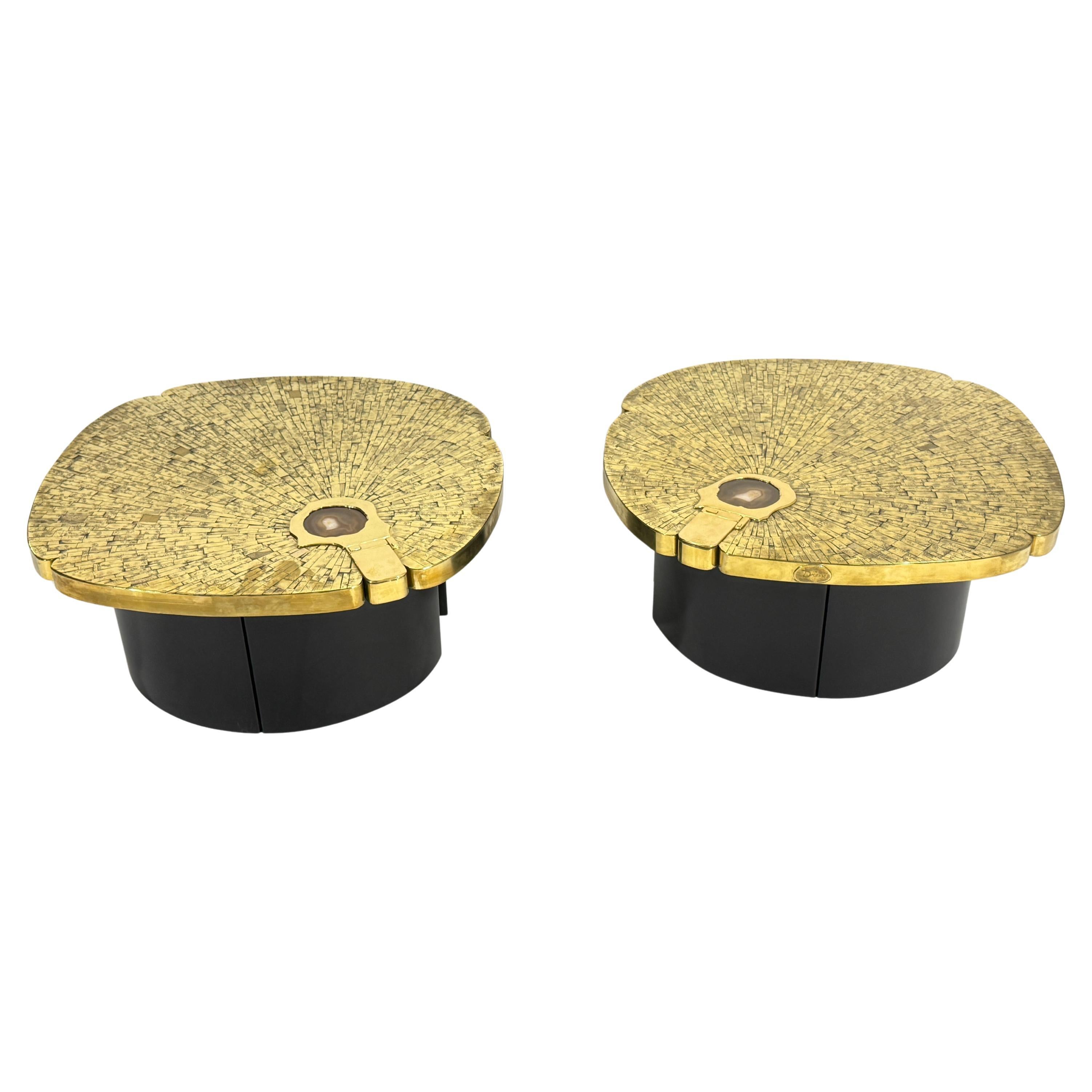 Pair of side tables in mosaic brass by Jean Claude Dresse. For Sale