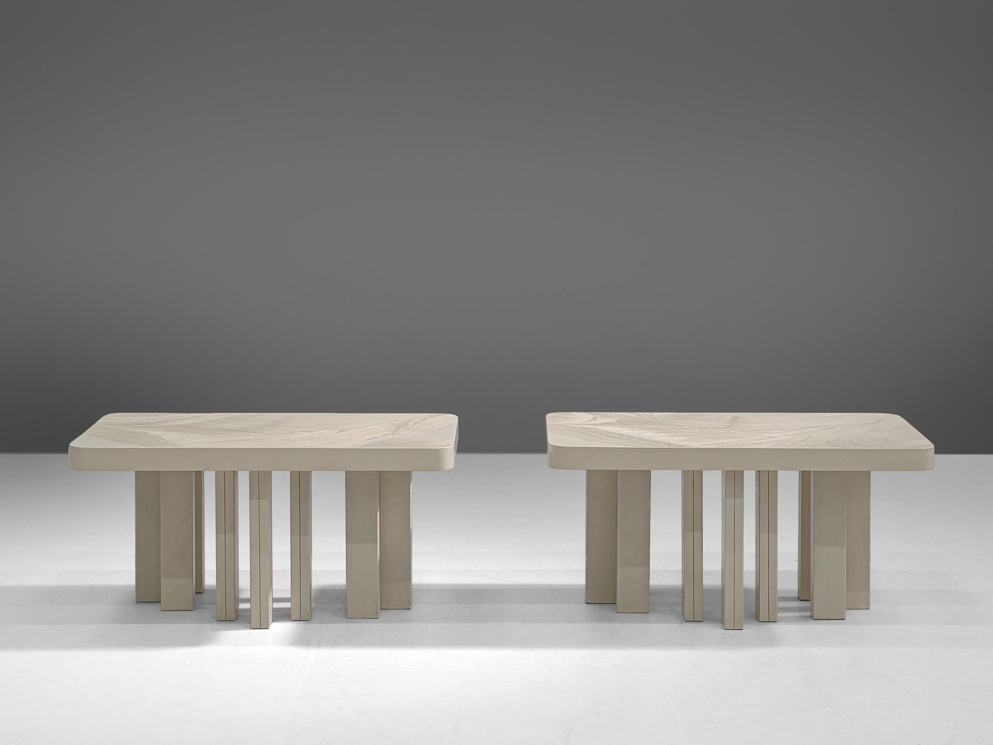 Post-Modern Pair of Jean Claude Dresse Side Tables in Sculpted Off-White Resin