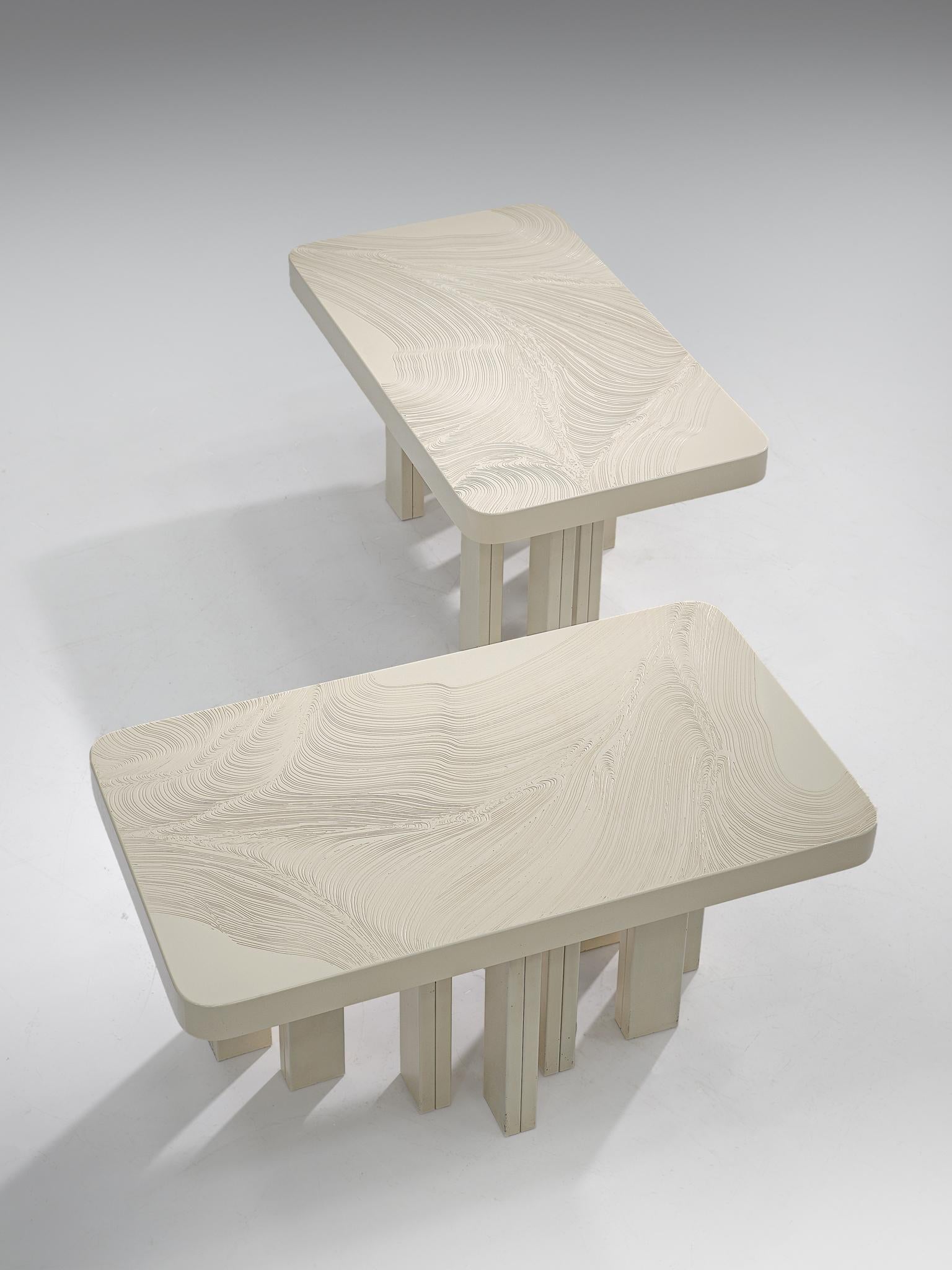Belgian Pair of Jean Claude Dresse Side Tables in Sculpted Off-White Resin