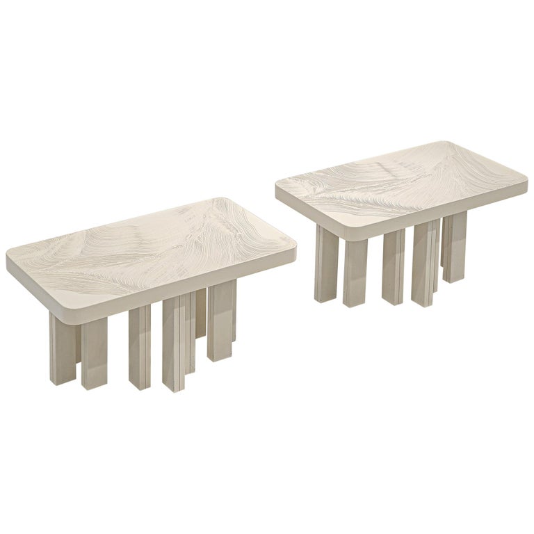 Pair Of Jean Claude Dresse Side Tables In Sculpted Off White Resin Side Tables In Sculpted Off White Resin
