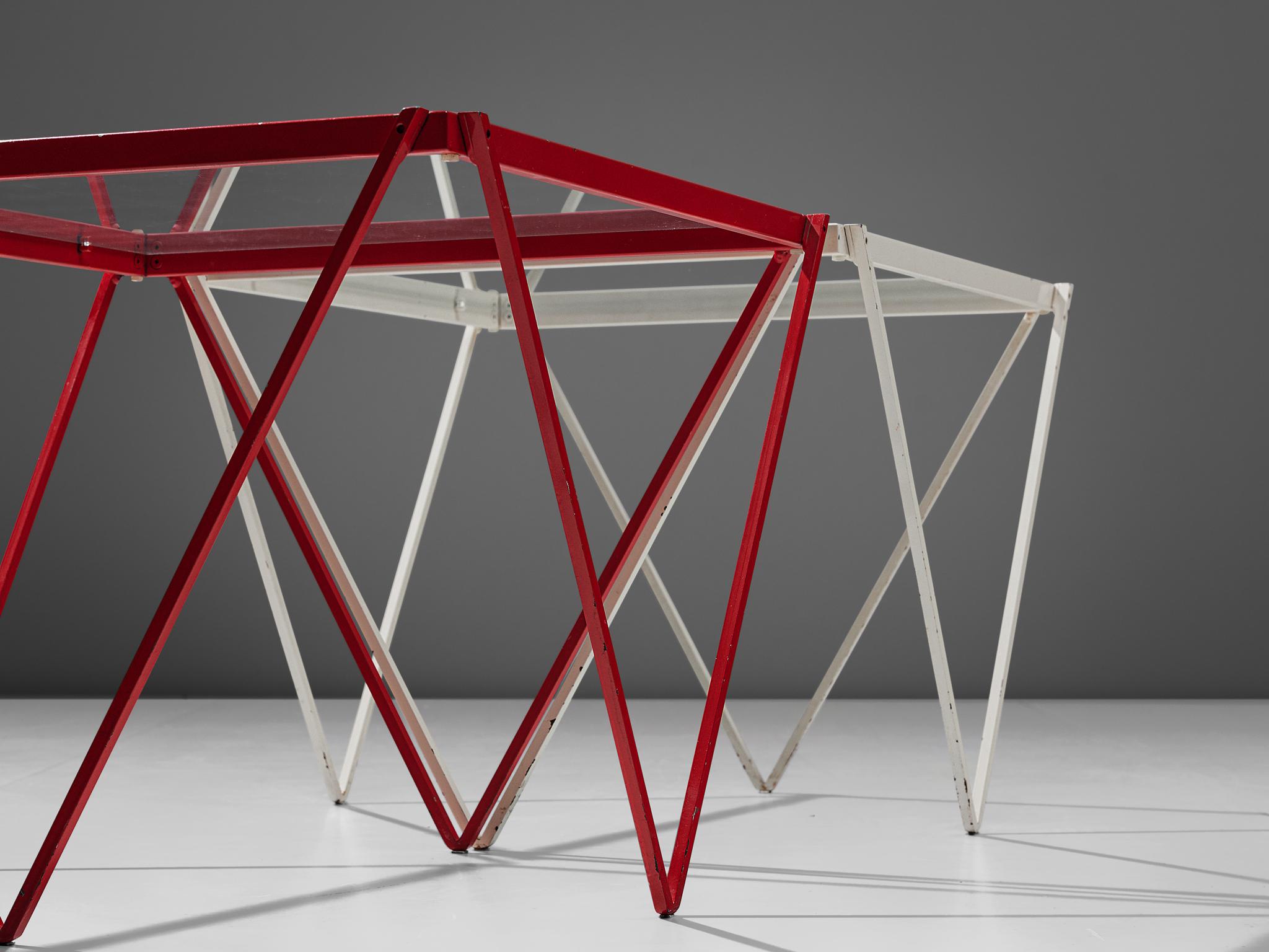 Mid-Century Modern Pair of Stackable Side Tables in Red and White Metal with Glass Tops