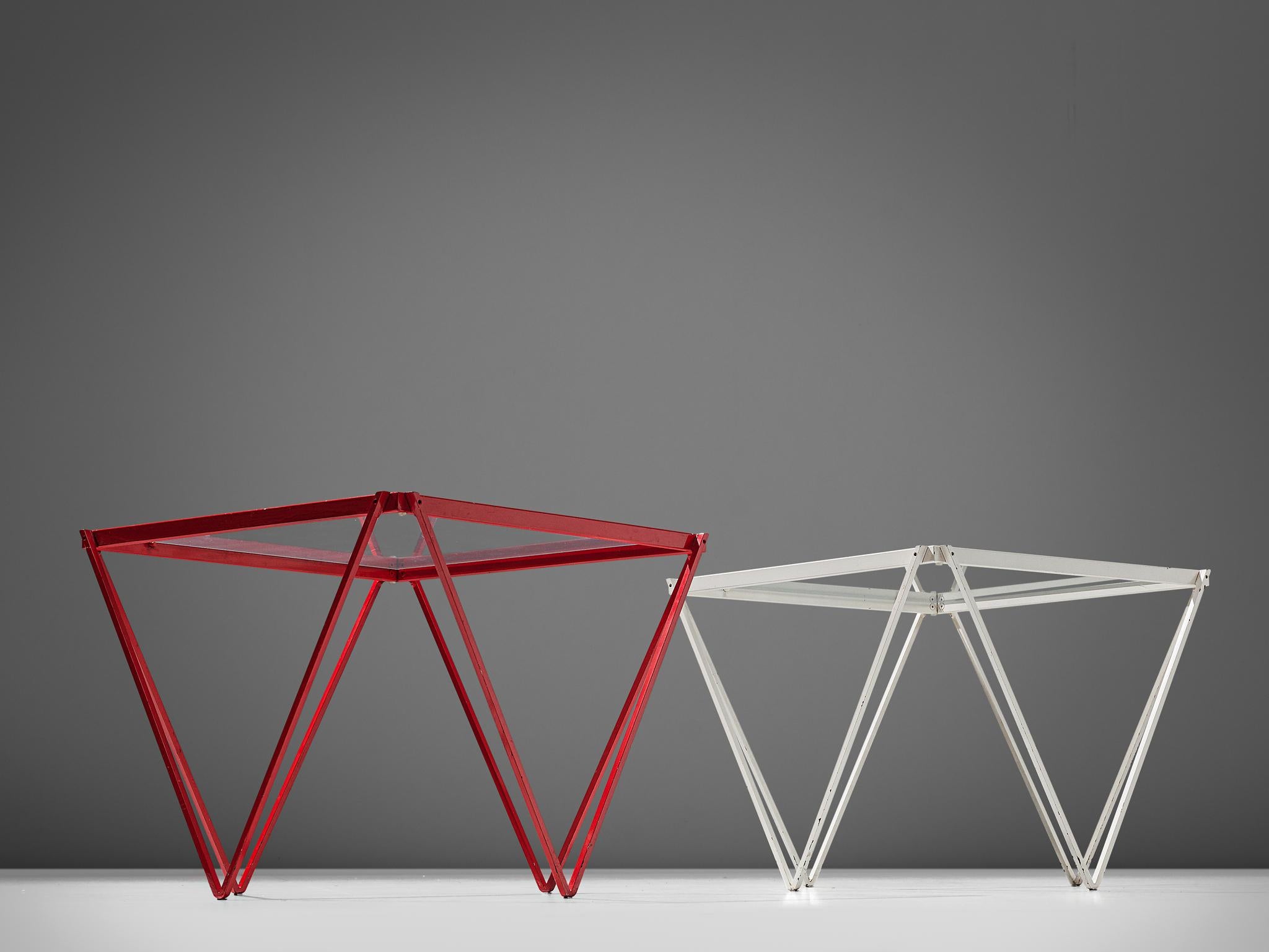 Late 20th Century Pair of Side Tables in Red and White Metal with Glass