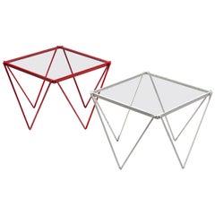 Pair of Side Tables in Red and White Metal with Glass